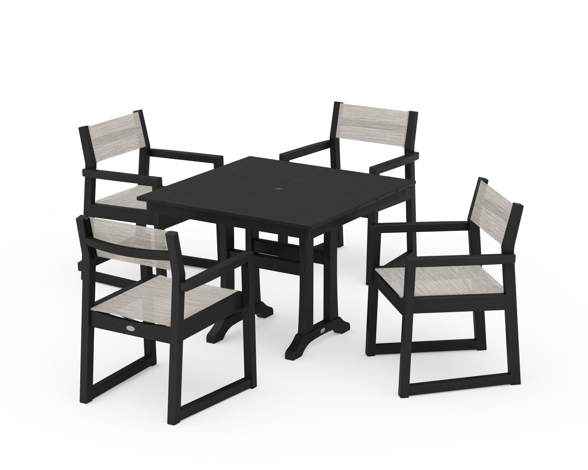 POLYWOOD EDGE Sling 5-Piece Farmhouse Dining Set with Trestle Legs — Black / Birch Sling
