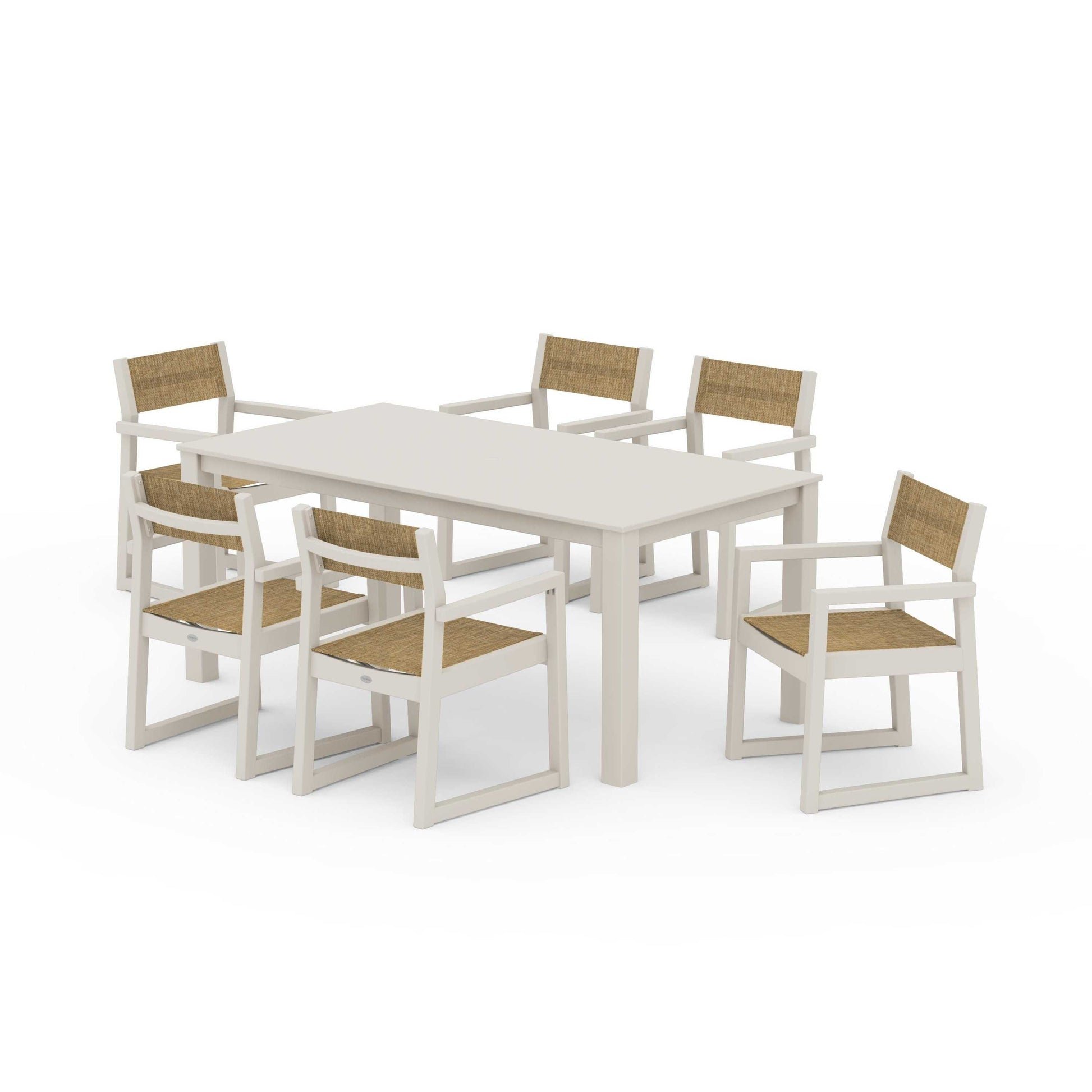 POLYWOOD EDGE Sling Arm Chair 7-Piece Parsons Dining Set — Sand / Burlap Sling
