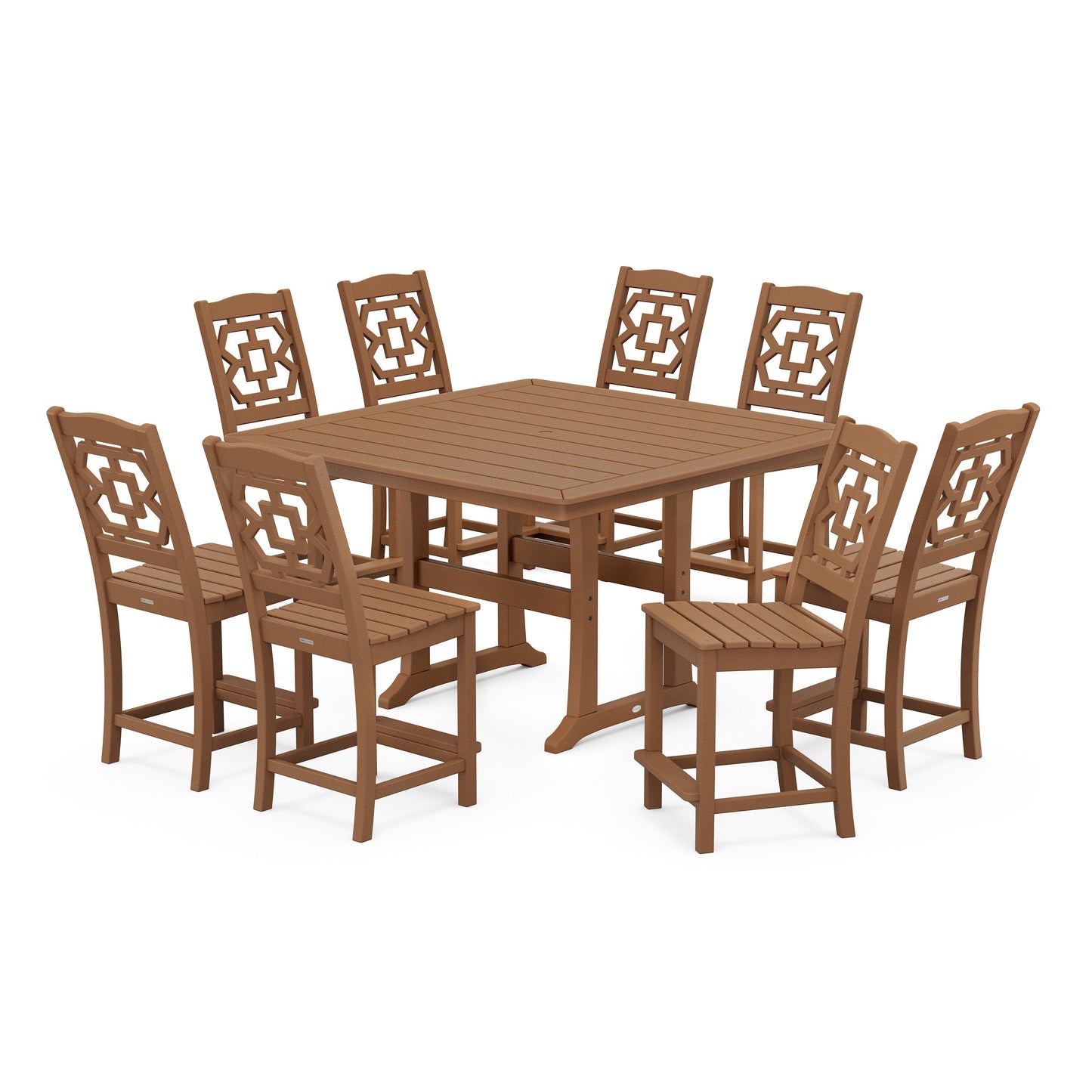 POLYWOOD Chinoiserie 9-Piece Square Side Chair Counter Set with Trestle Legs — Teak