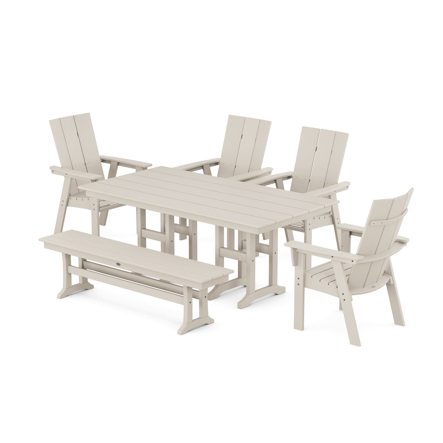 POLYWOOD Modern Curveback Adirondack 6-Piece Farmhouse Dining Set with Bench — Sand