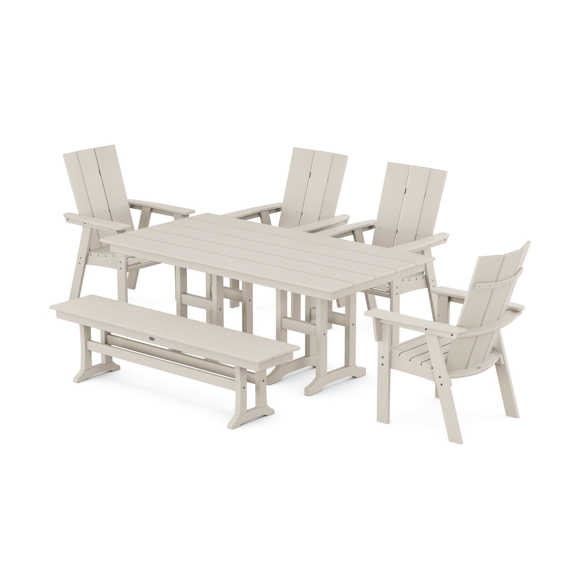 POLYWOOD Modern Curveback Adirondack 6-Piece Farmhouse Dining Set with Bench — Sand