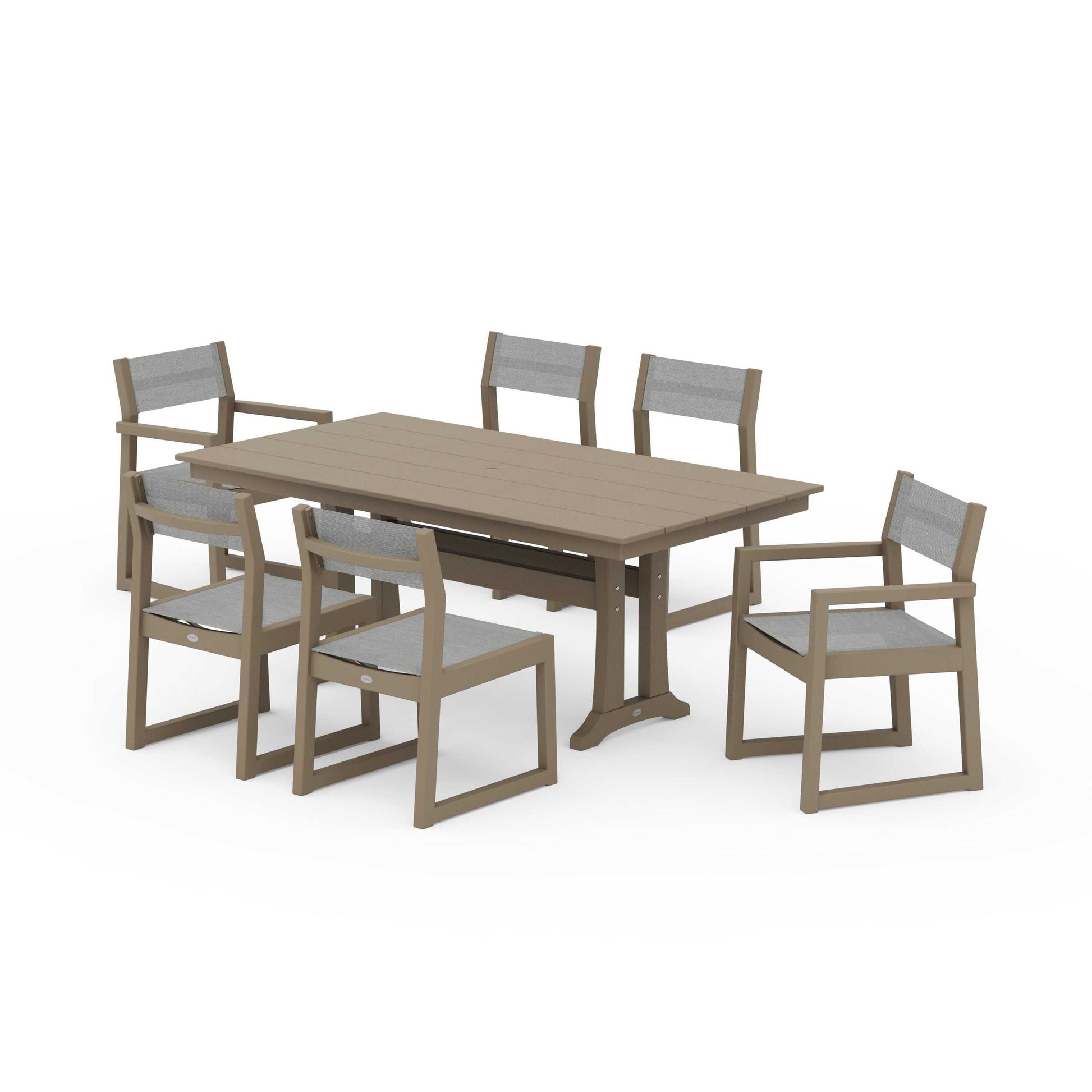 POLYWOOD EDGE Sling 7-Piece Farmhouse Trestle Dining Set — Vintage Sahara / Metallic Sling
