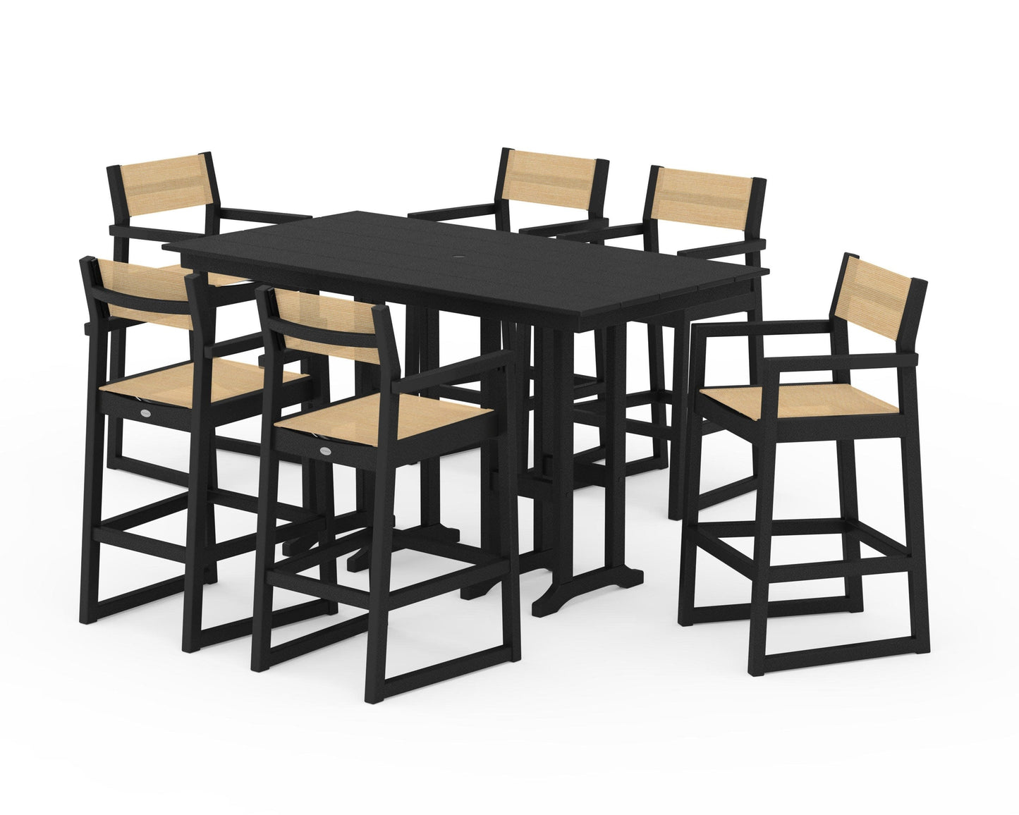 POLYWOOD EDGE Sling Arm Chair 7-Piece Farmhouse Bar Set — Black / Dupioni Apricot Sling