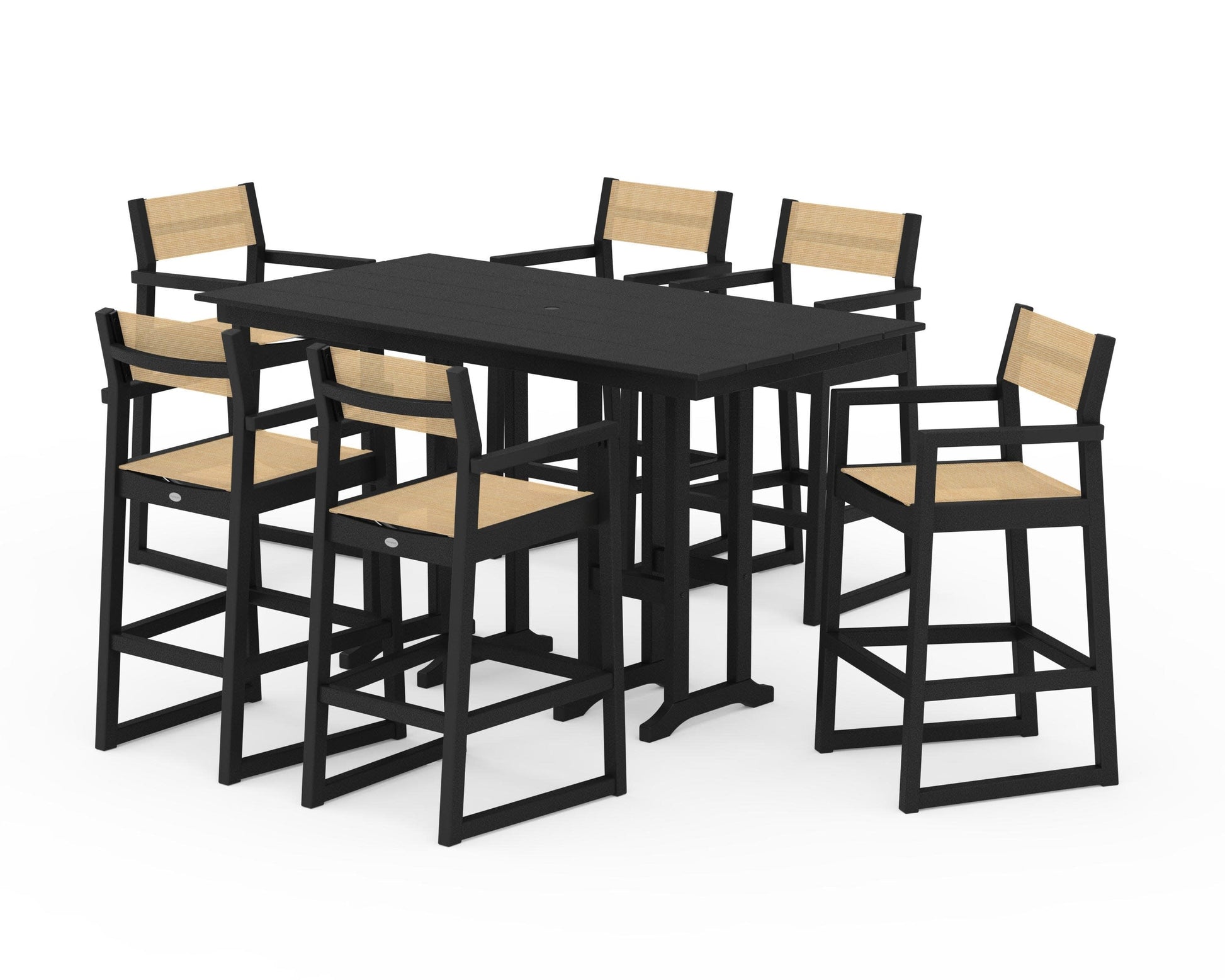 POLYWOOD EDGE Sling Arm Chair 7-Piece Farmhouse Bar Set — Black / Dupioni Apricot Sling