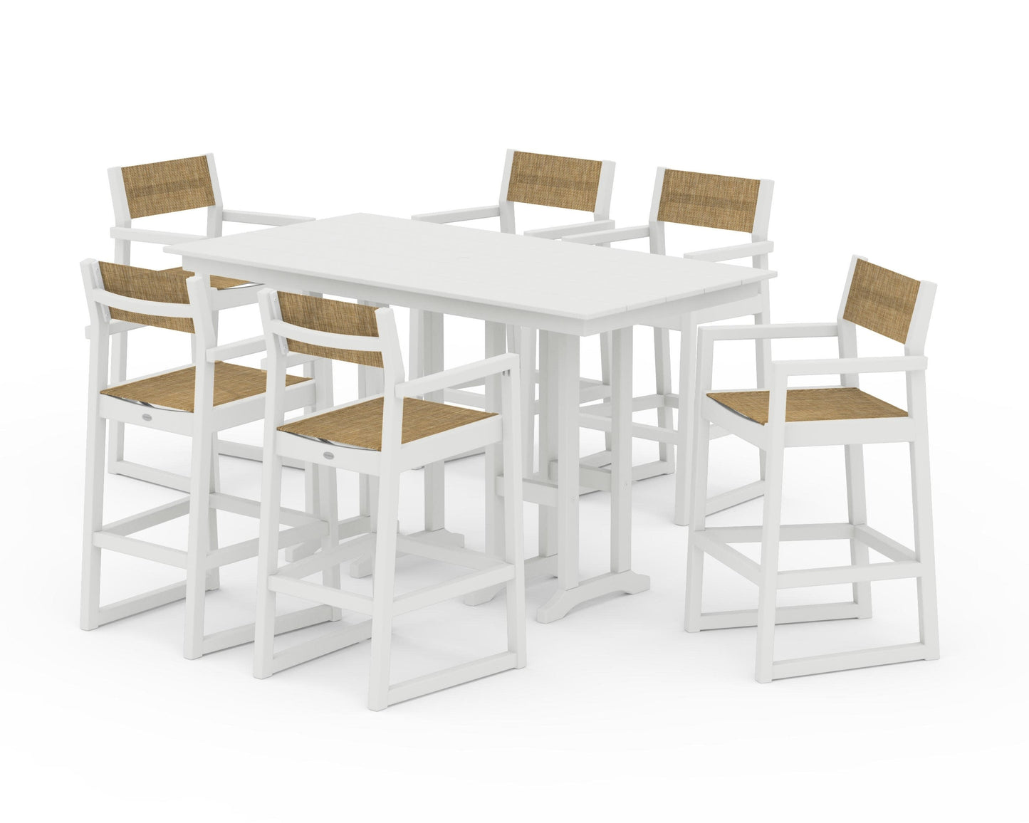 POLYWOOD EDGE Sling Arm Chair 7-Piece Farmhouse Bar Set — Vintage White / Burlap Sling