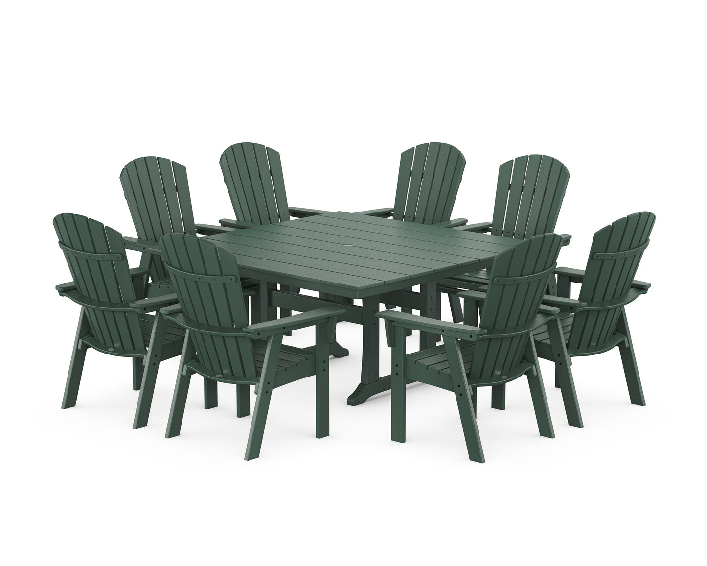 POLYWOOD Nautical Curveback Adirondack 9-Piece Square Dining Set with Trestle Legs — Green