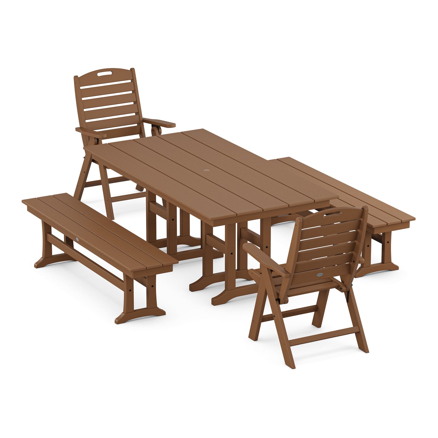 POLYWOOD Nautical Highback 5-Piece Farmhouse Dining Set with Benches — Teak