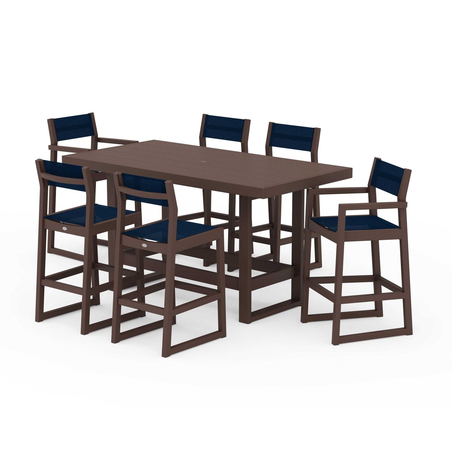 POLYWOOD EDGE Sling 7-Piece Bar Table Set — Mahogany / Navy Blue Sling