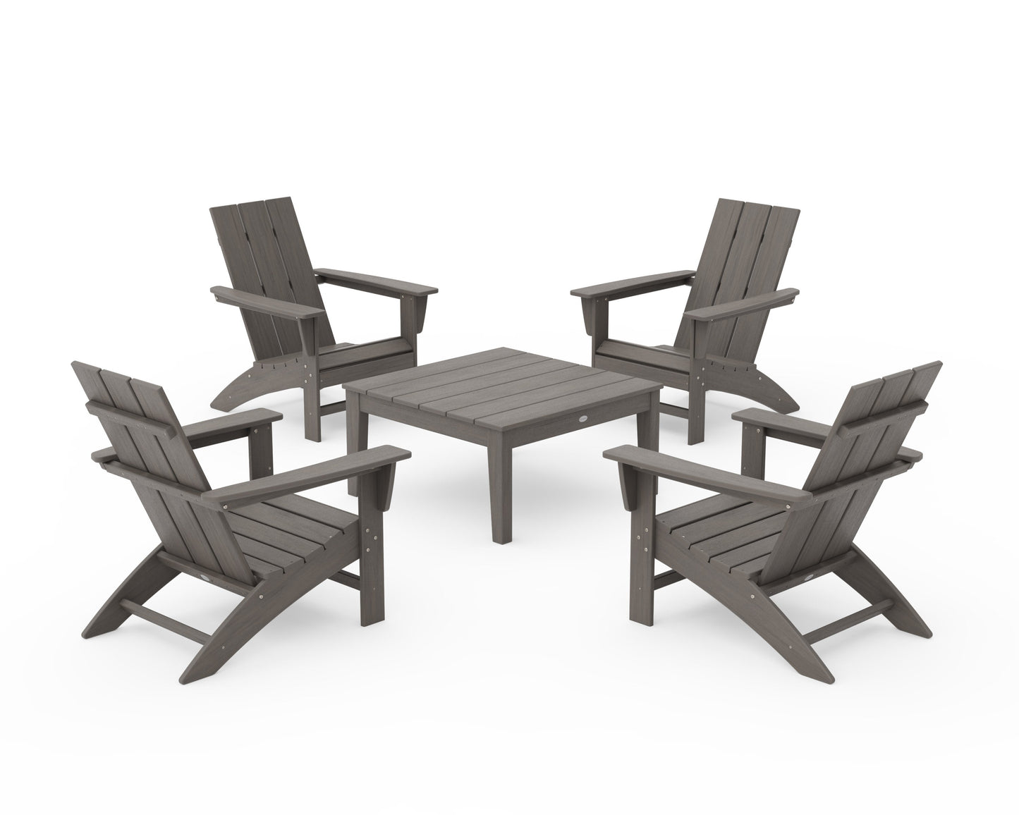 POLYWOOD 5-Piece Modern Adirondack Chair Conversation Set with 36" Conversation Table — Driftwood