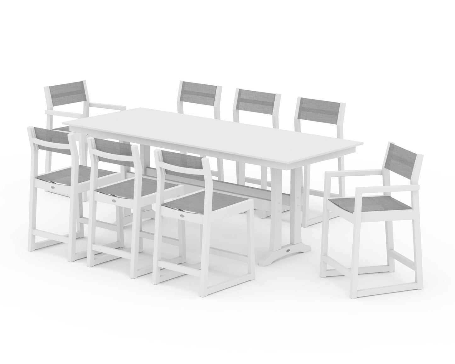 POLYWOOD EDGE Sling 9-Piece Farmhouse Counter Set with Trestle Legs — White / Metallic Sling