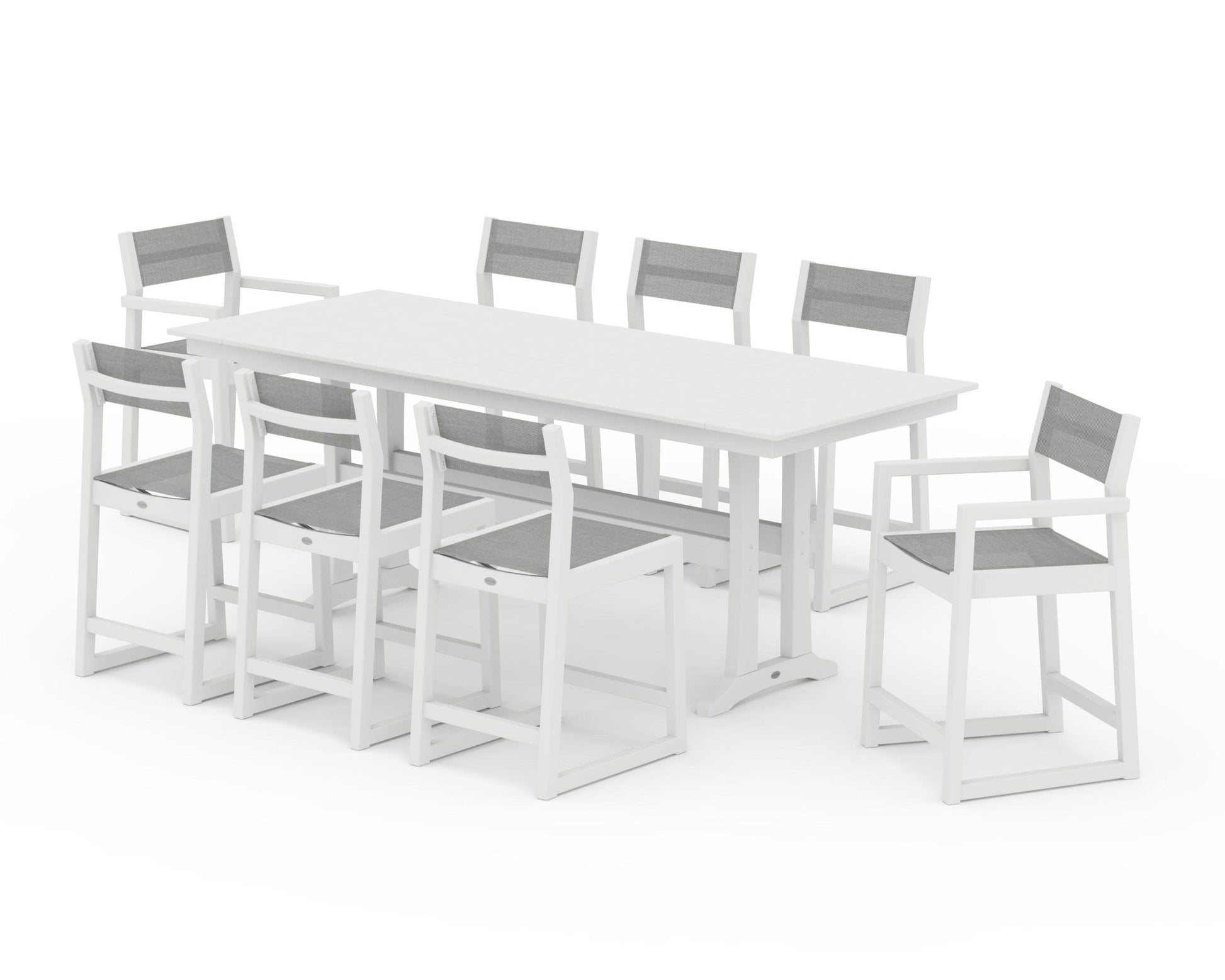 POLYWOOD EDGE Sling 9-Piece Farmhouse Counter Set with Trestle Legs — White / Metallic Sling
