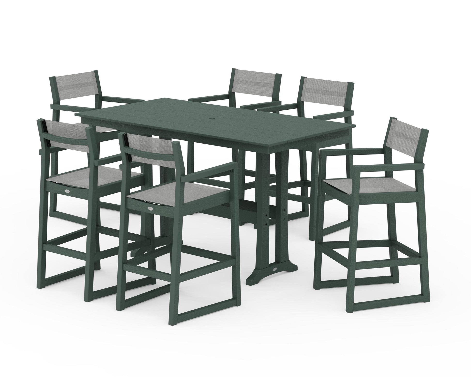 POLYWOOD EDGE Sling Arm Chair 7-Piece Farmhouse Bar Set with Trestle Legs — Green / Metallic Sling