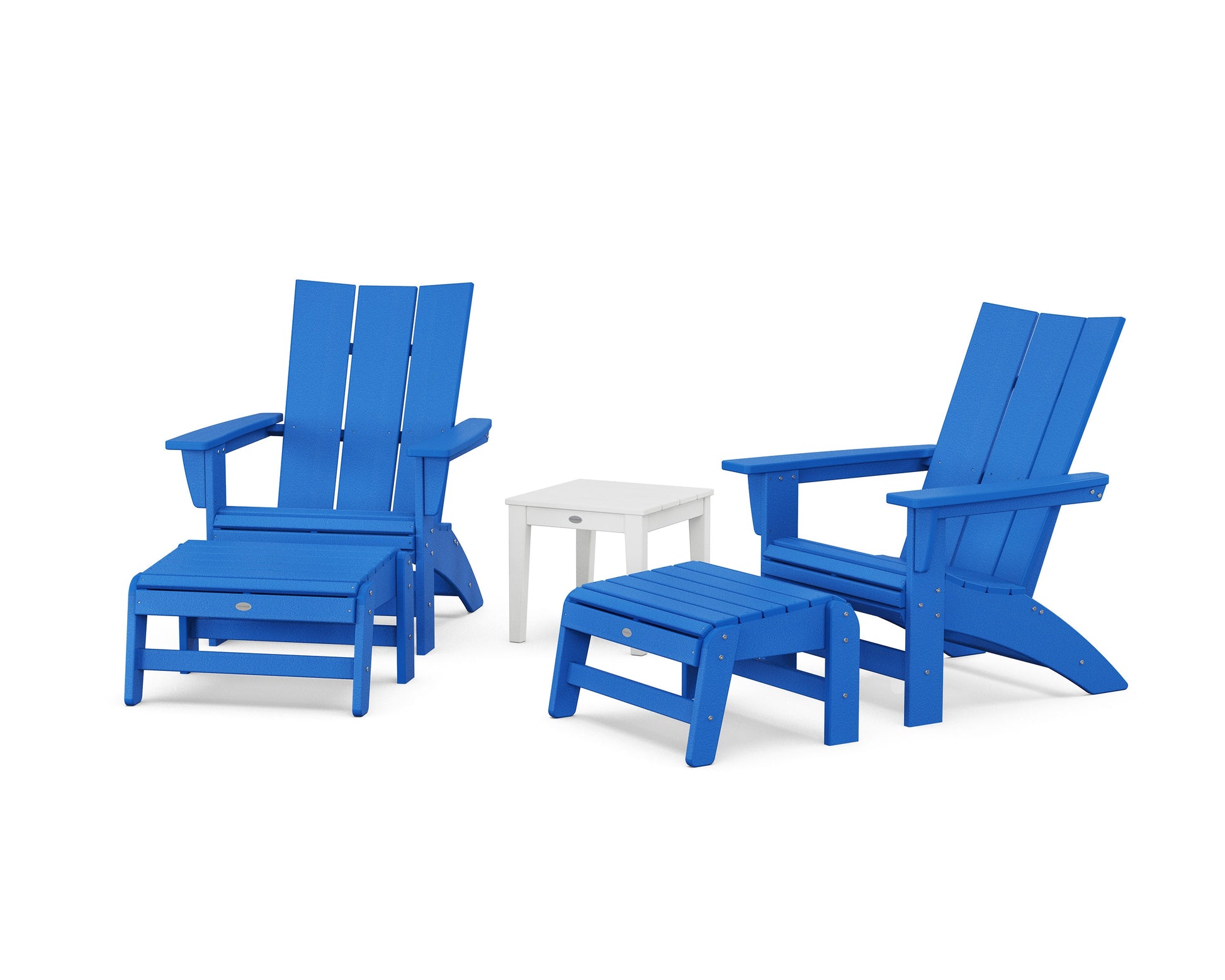 POLYWOOD 5-Piece Modern Grand Adirondack Set with Ottomans and Side Table — Pacific Blue / White