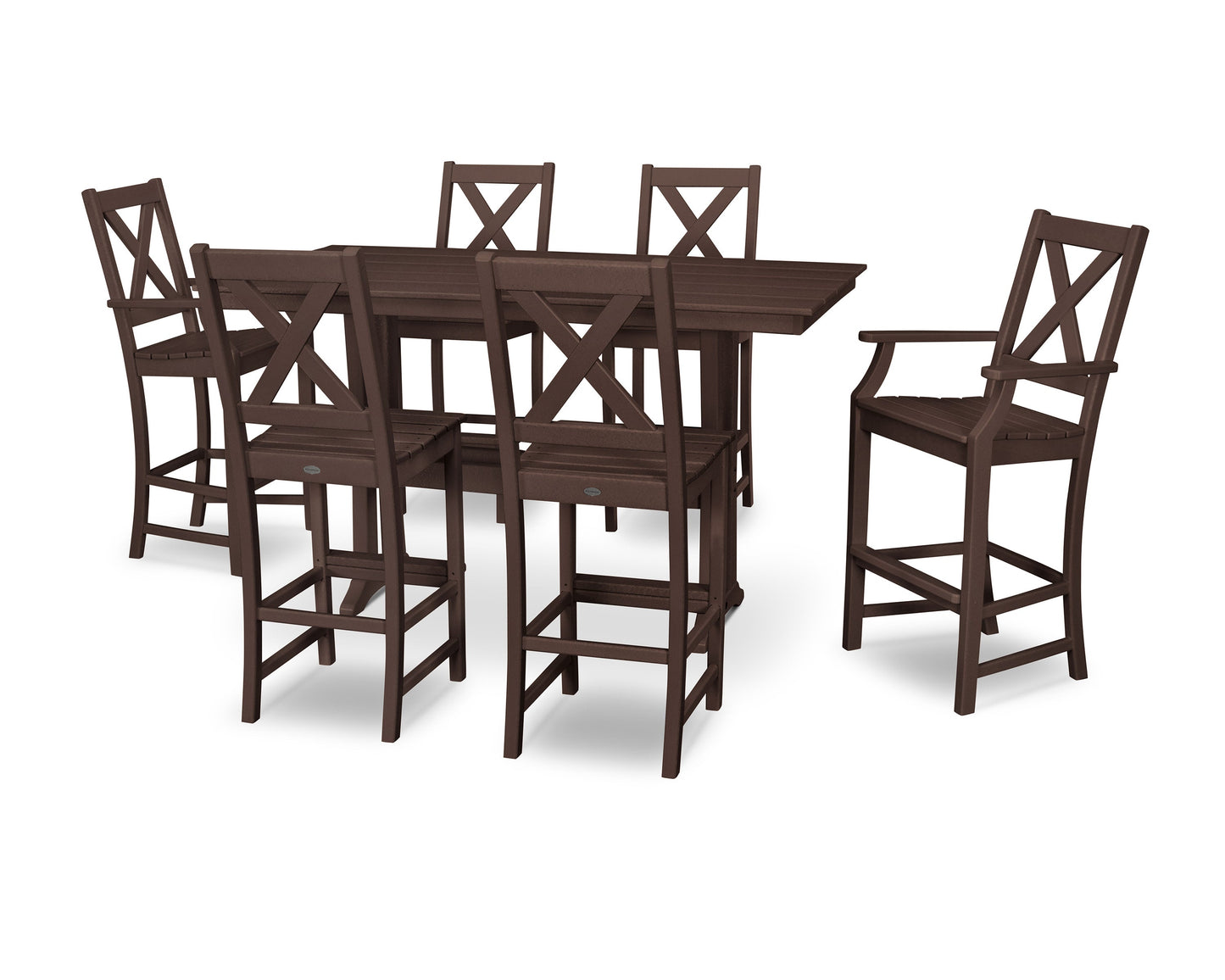 POLYWOOD Braxton 7-Piece Farmhouse Trestle Bar Set — Mahogany