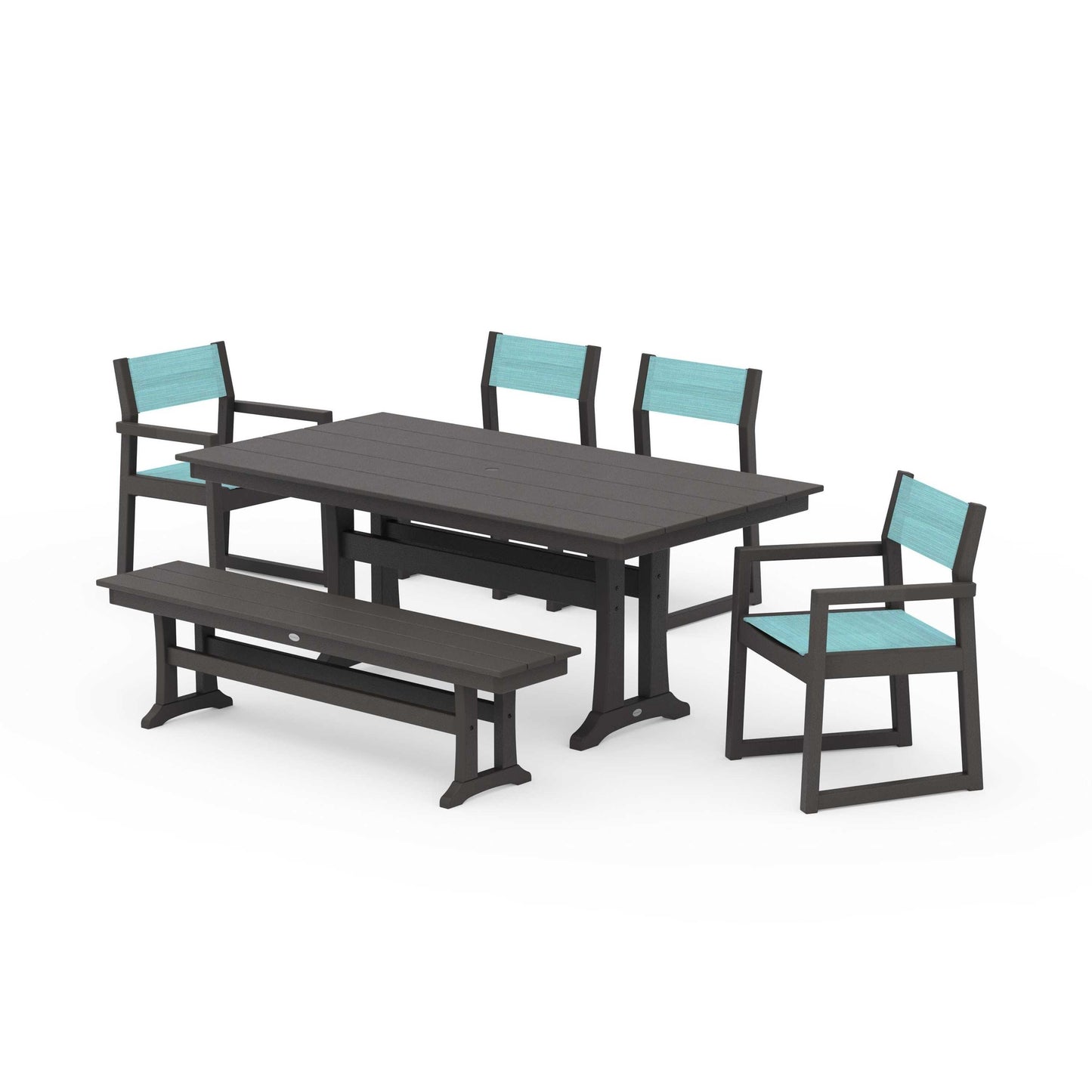 POLYWOOD EDGE Sling 6-Piece Farmhouse Dining Set With Trestle Legs — Vintage Coffee / Dupioni Aquamarine Sling