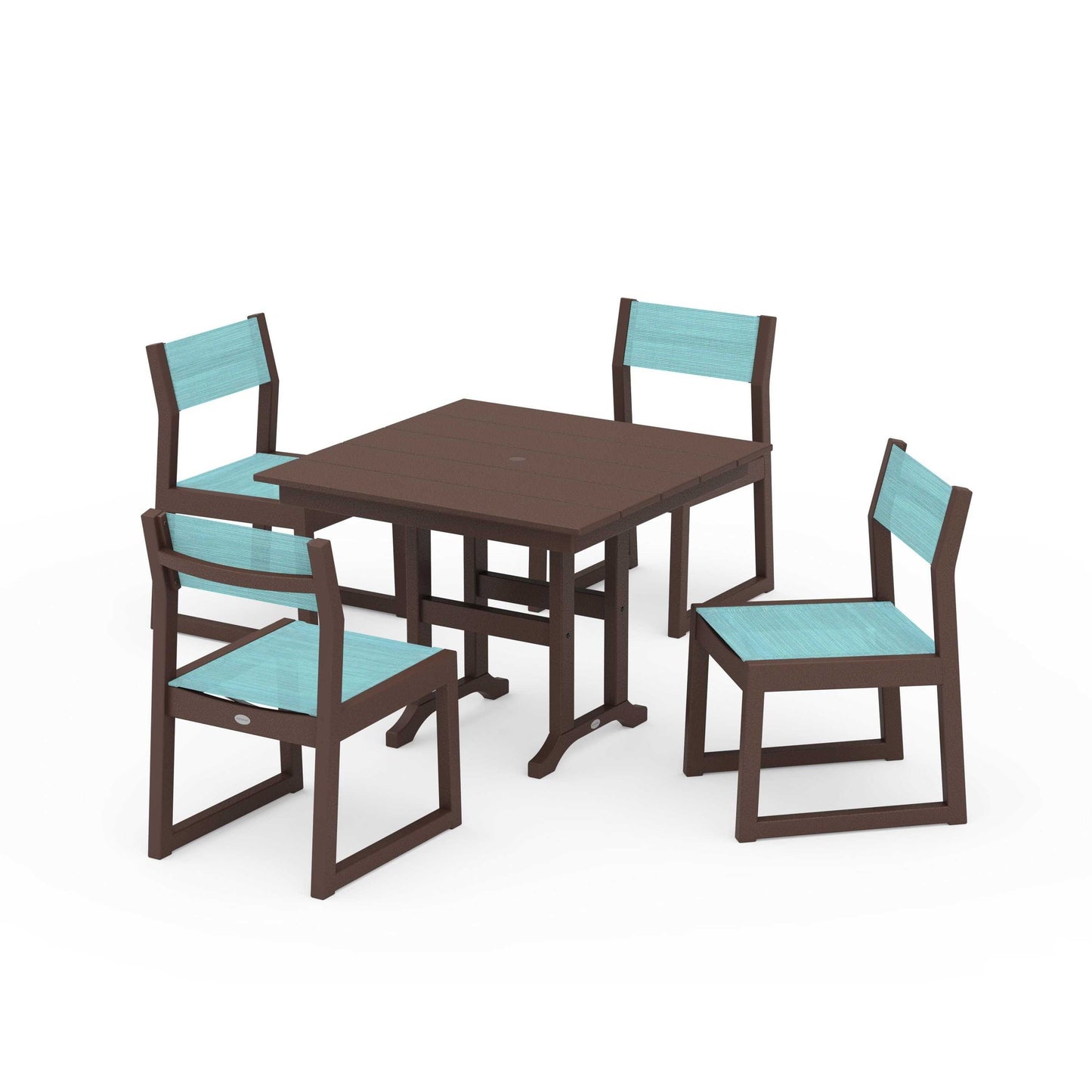 POLYWOOD EDGE Sling Side Chair 5-Piece Farmhouse Dining Set — Mahogany / Dupioni Aquamarine Sling