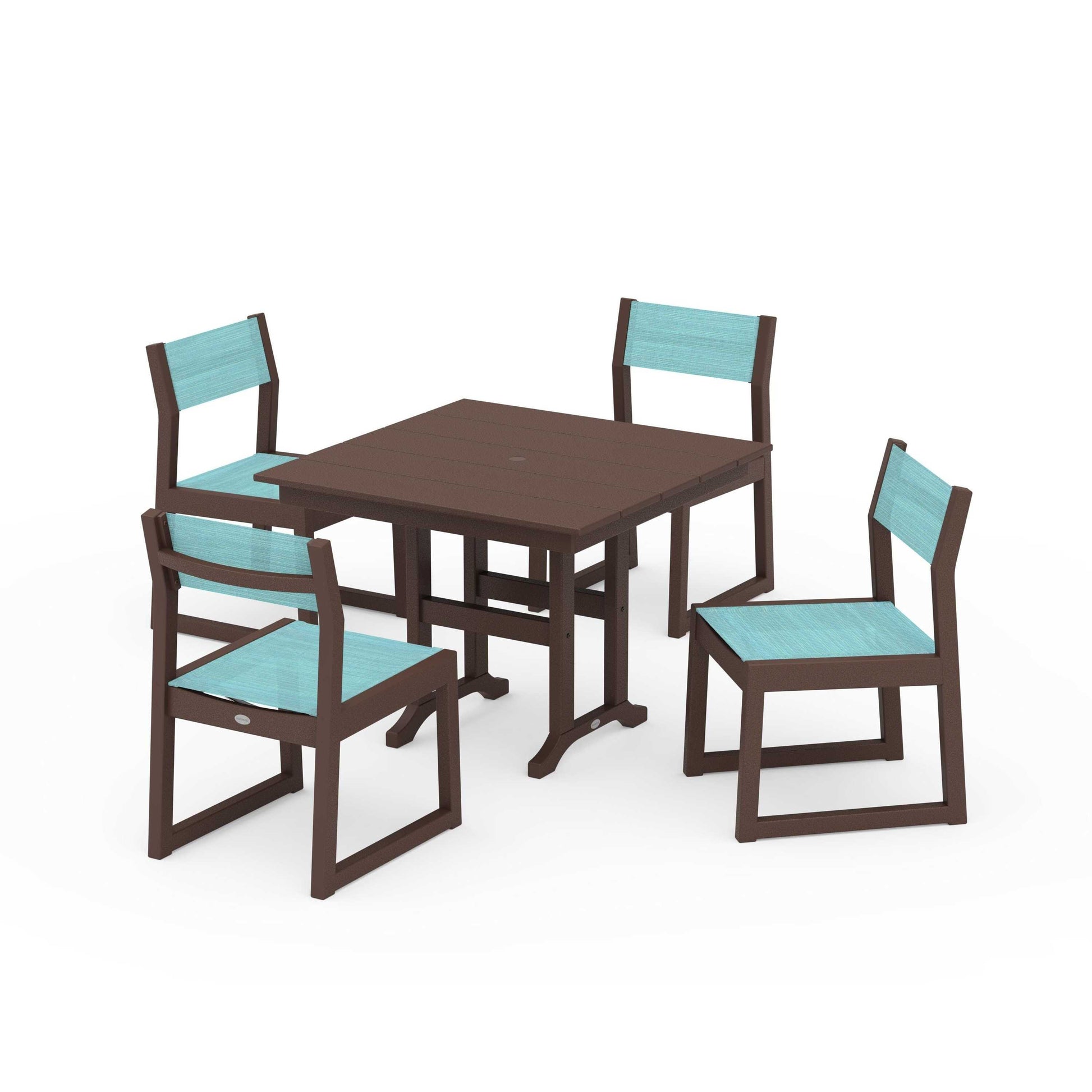 POLYWOOD EDGE Sling Side Chair 5-Piece Farmhouse Dining Set — Mahogany / Dupioni Aquamarine Sling