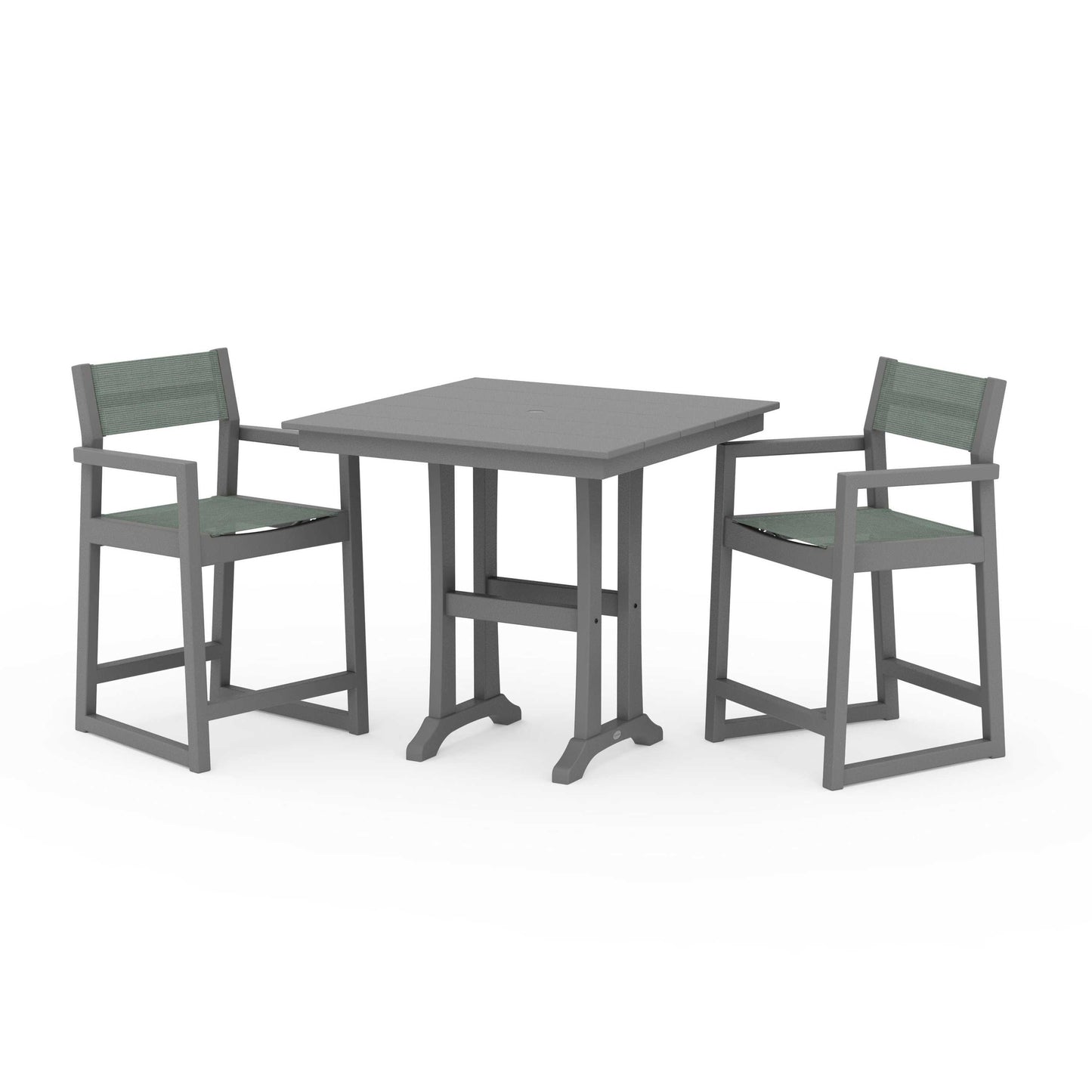 POLYWOOD EDGE Sling Arm Chair 3-Piece Farmhouse Counter Set with Trestle Legs — Slate Grey / Dupioni Sea Mist Sling