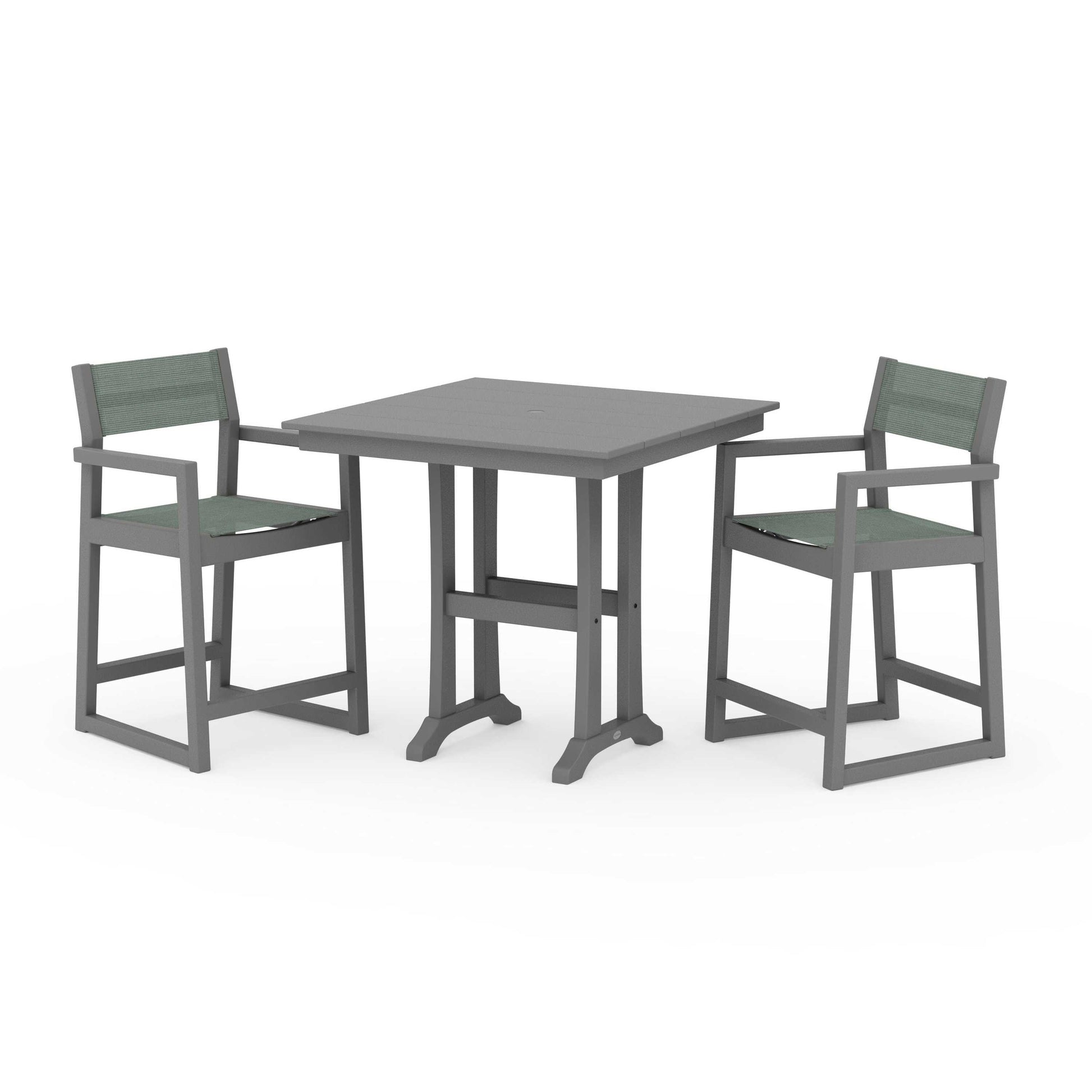 POLYWOOD EDGE Sling Arm Chair 3-Piece Farmhouse Counter Set with Trestle Legs — Slate Grey / Dupioni Sea Mist Sling