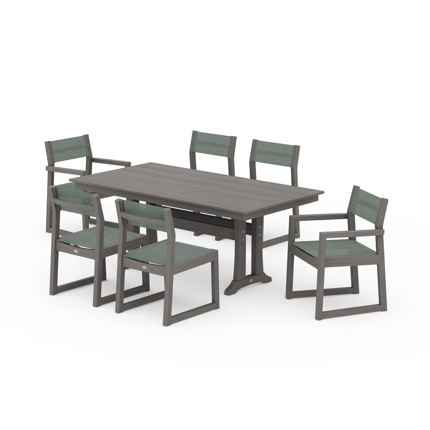 POLYWOOD EDGE Sling 7-Piece Farmhouse Trestle Dining Set — Driftwood / Dupioni Sea Mist Sling