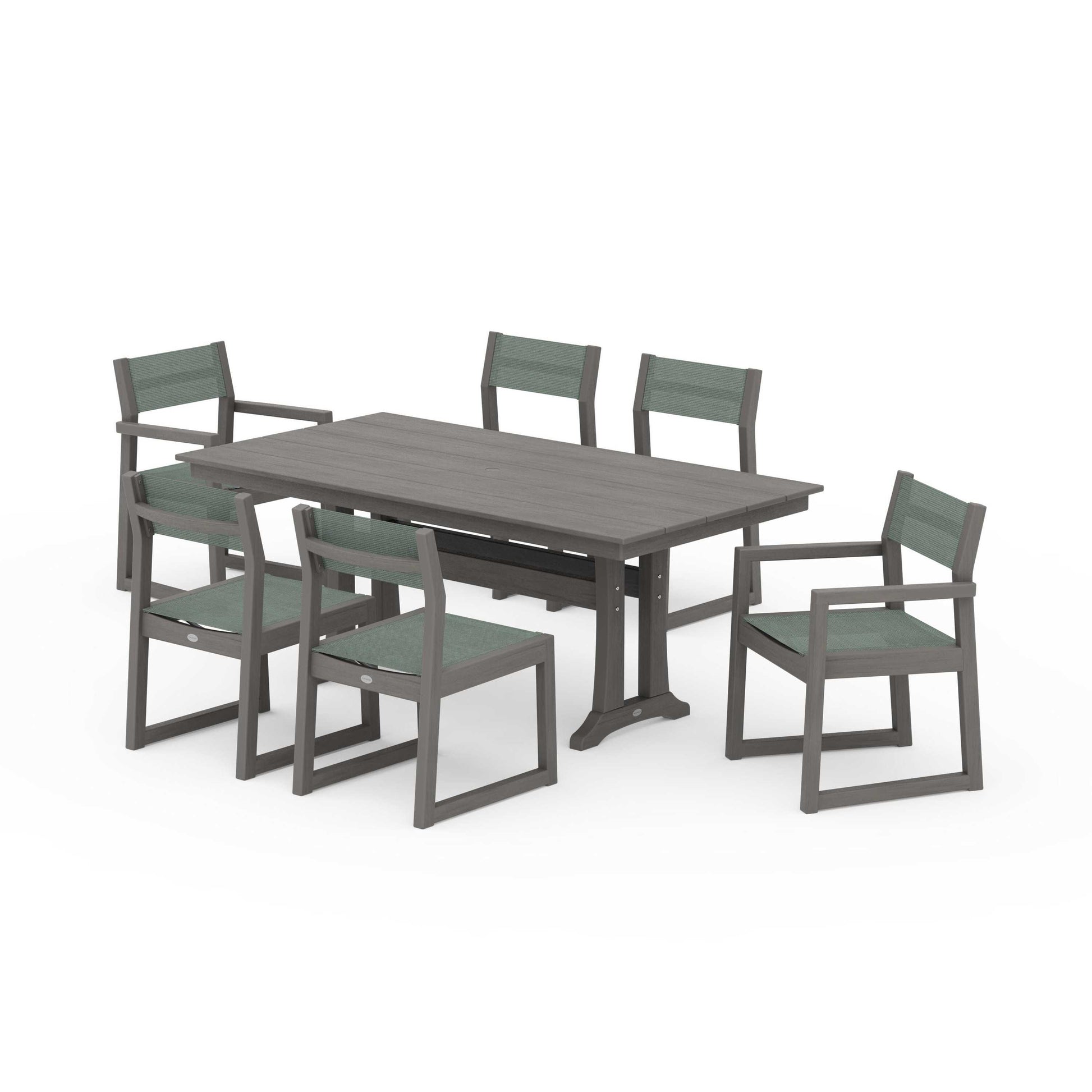 POLYWOOD EDGE Sling 7-Piece Farmhouse Trestle Dining Set — Driftwood / Dupioni Sea Mist Sling