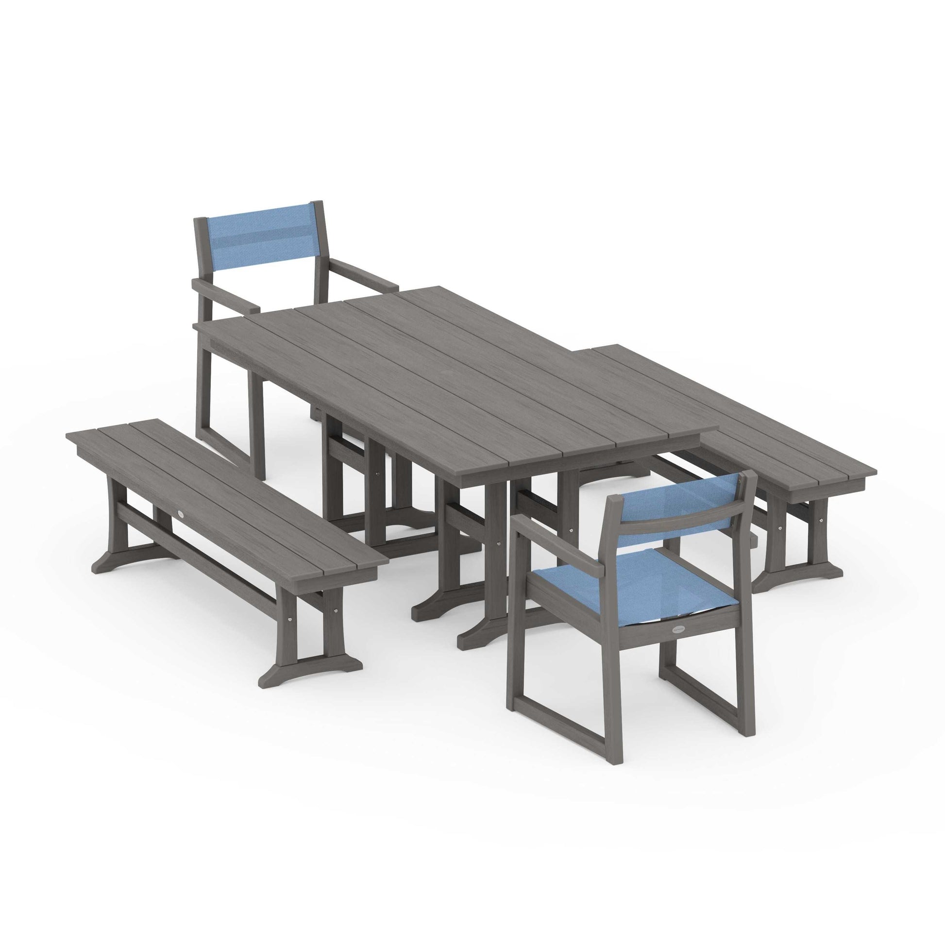 POLYWOOD EDGE Sling Arm Chair 5-Piece Farmhouse Dining Set with Benches — Driftwood / Poolside Sling