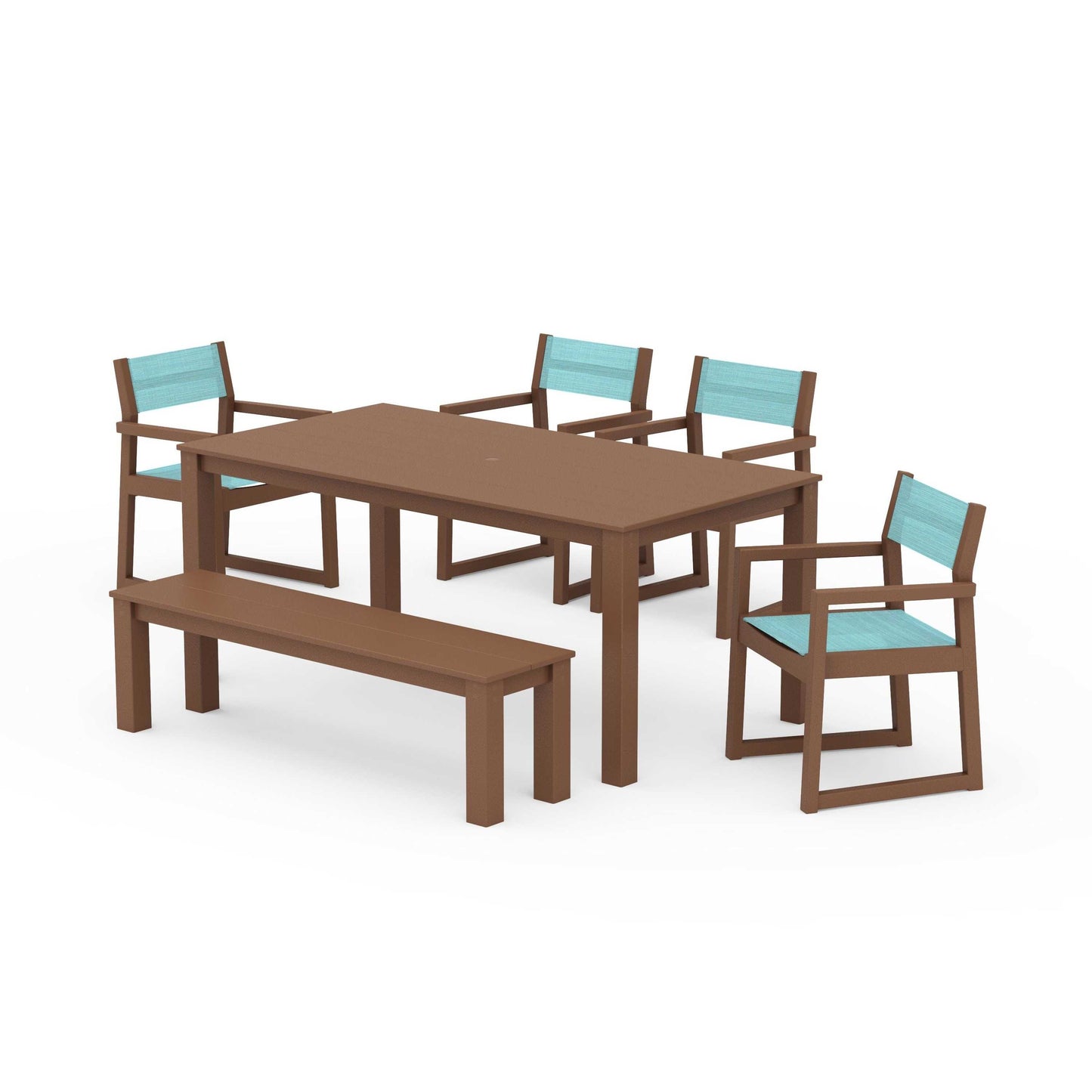 POLYWOOD EDGE Sling Arm Chair 6-Piece Parsons Dining Set with Bench — Teak / Dupioni Aquamarine Sling