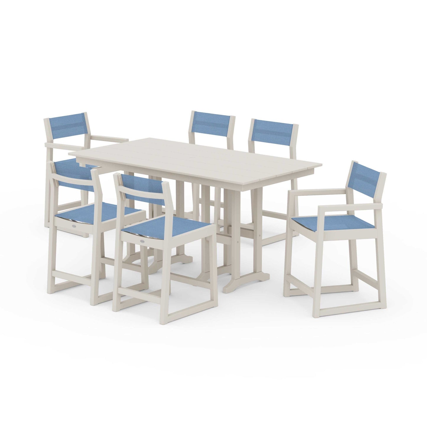 POLYWOOD EDGE Sling 7-Piece Farmhouse Counter Set with Trestle Legs — Sand / Poolside Sling