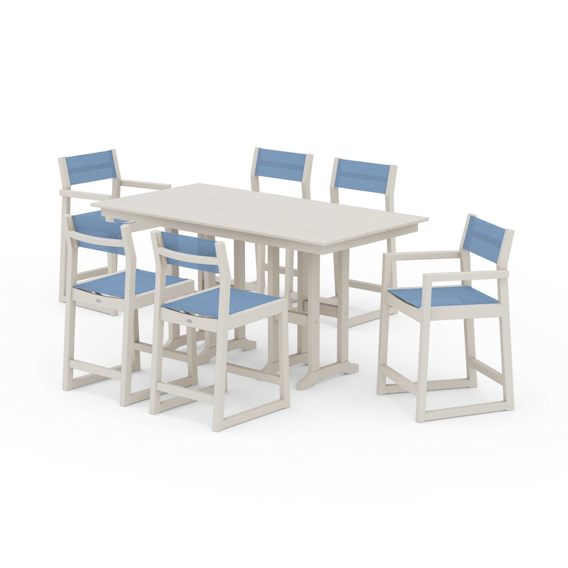 POLYWOOD EDGE Sling 7-Piece Farmhouse Counter Set with Trestle Legs — Sand / Poolside Sling