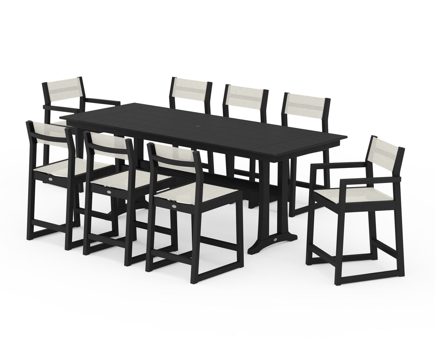 POLYWOOD EDGE Sling 9-Piece Farmhouse Counter Set with Trestle Legs — Black / Parchment Sling