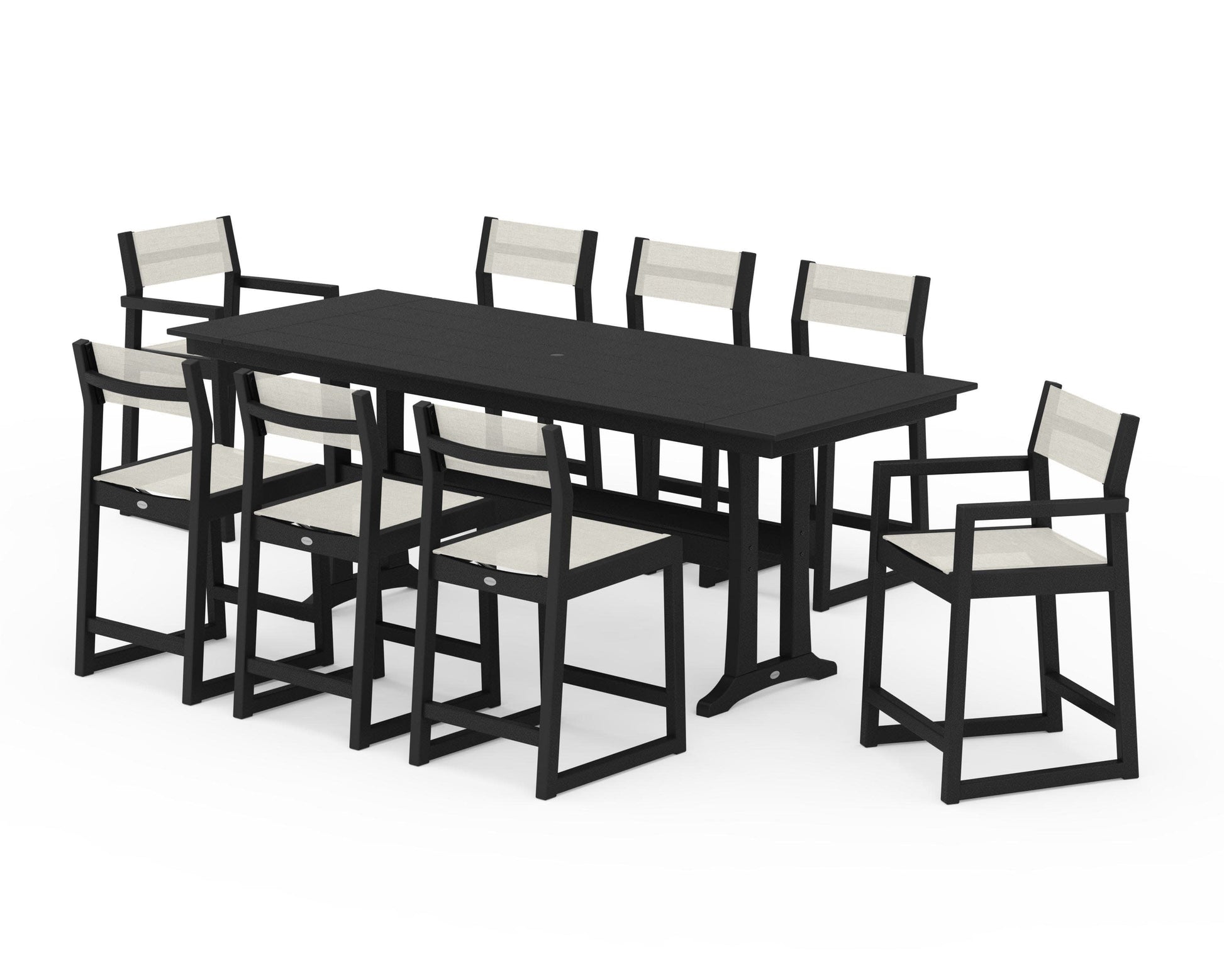 POLYWOOD EDGE Sling 9-Piece Farmhouse Counter Set with Trestle Legs — Black / Parchment Sling