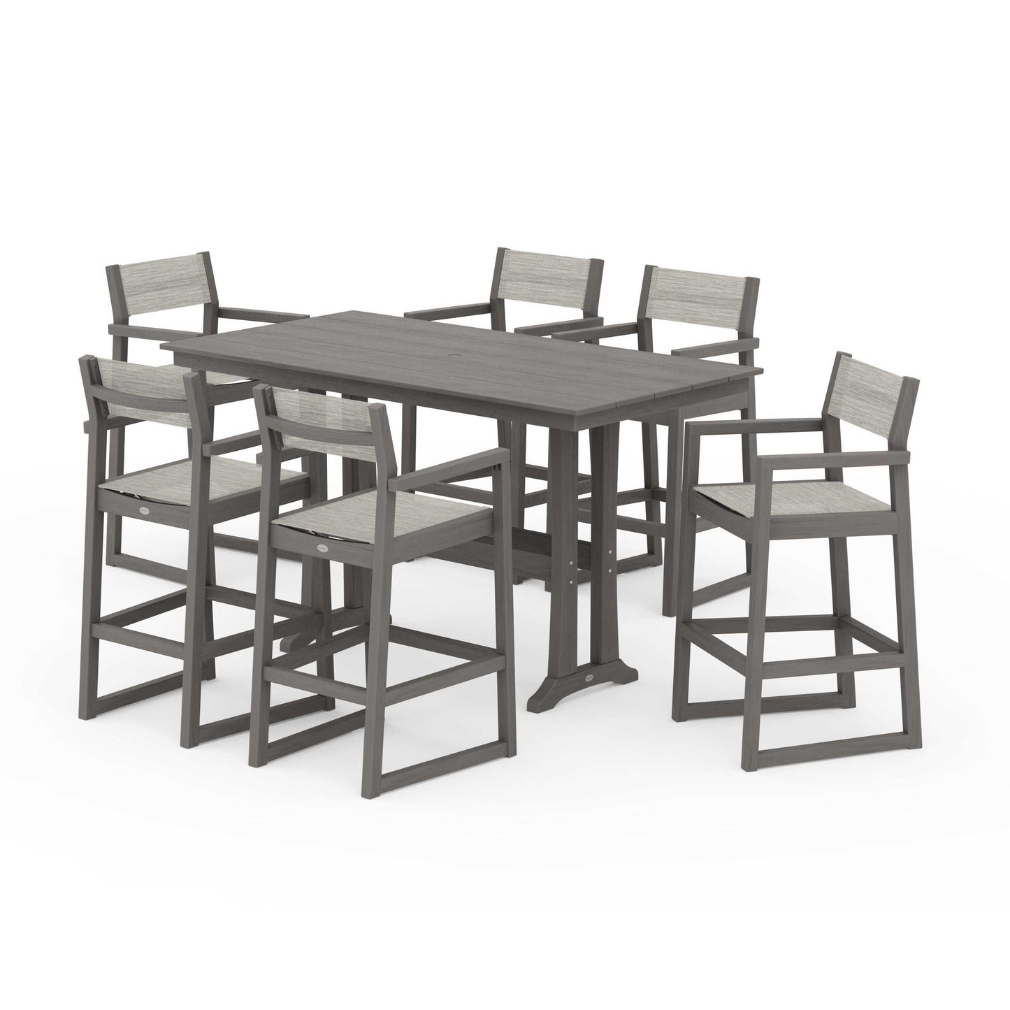 POLYWOOD EDGE Sling Arm Chair 7-Piece Farmhouse Bar Set with Trestle Legs — Driftwood / Birch Sling