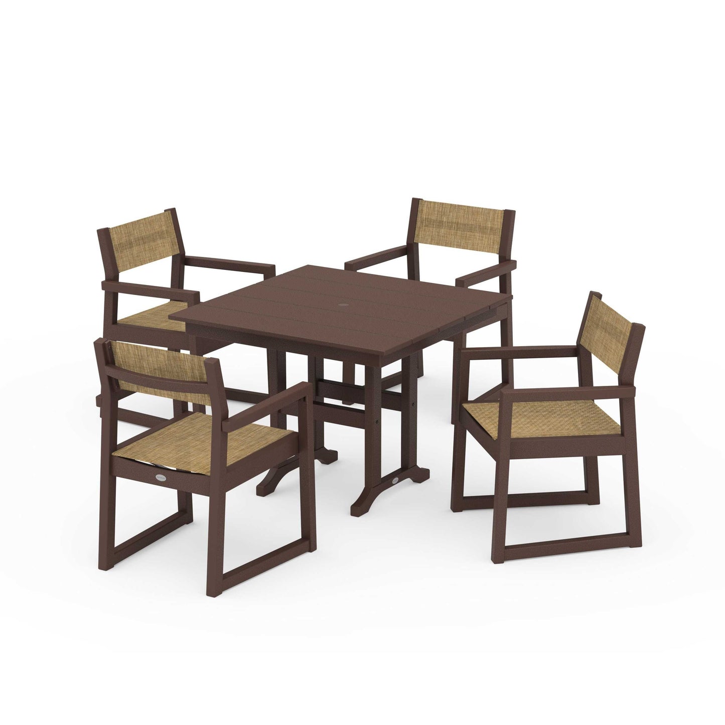 POLYWOOD EDGE Sling Arm Chair 5-Piece Farmhouse Dining Set — Mahogany / Burlap Sling