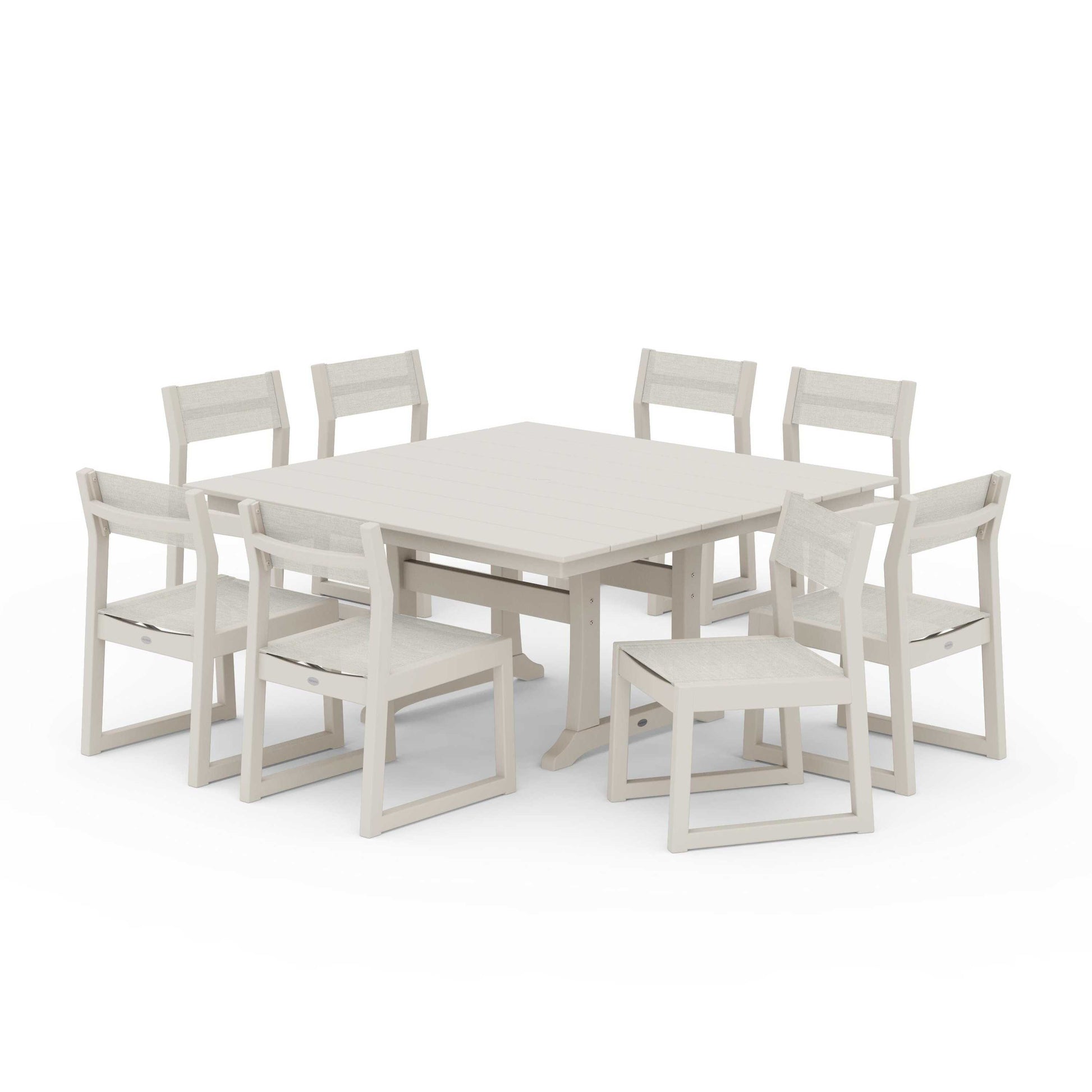 POLYWOOD EDGE Sling Side Chair 9-Piece Farmhouse Trestle Dining Set — Sand / Parchment Sling