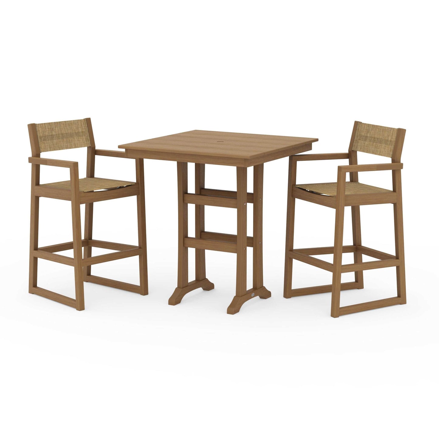 POLYWOOD EDGE Sling Arm Chair 3-Piece Farmhouse Bar Set with Trestle Legs — Natural / Burlap Sling