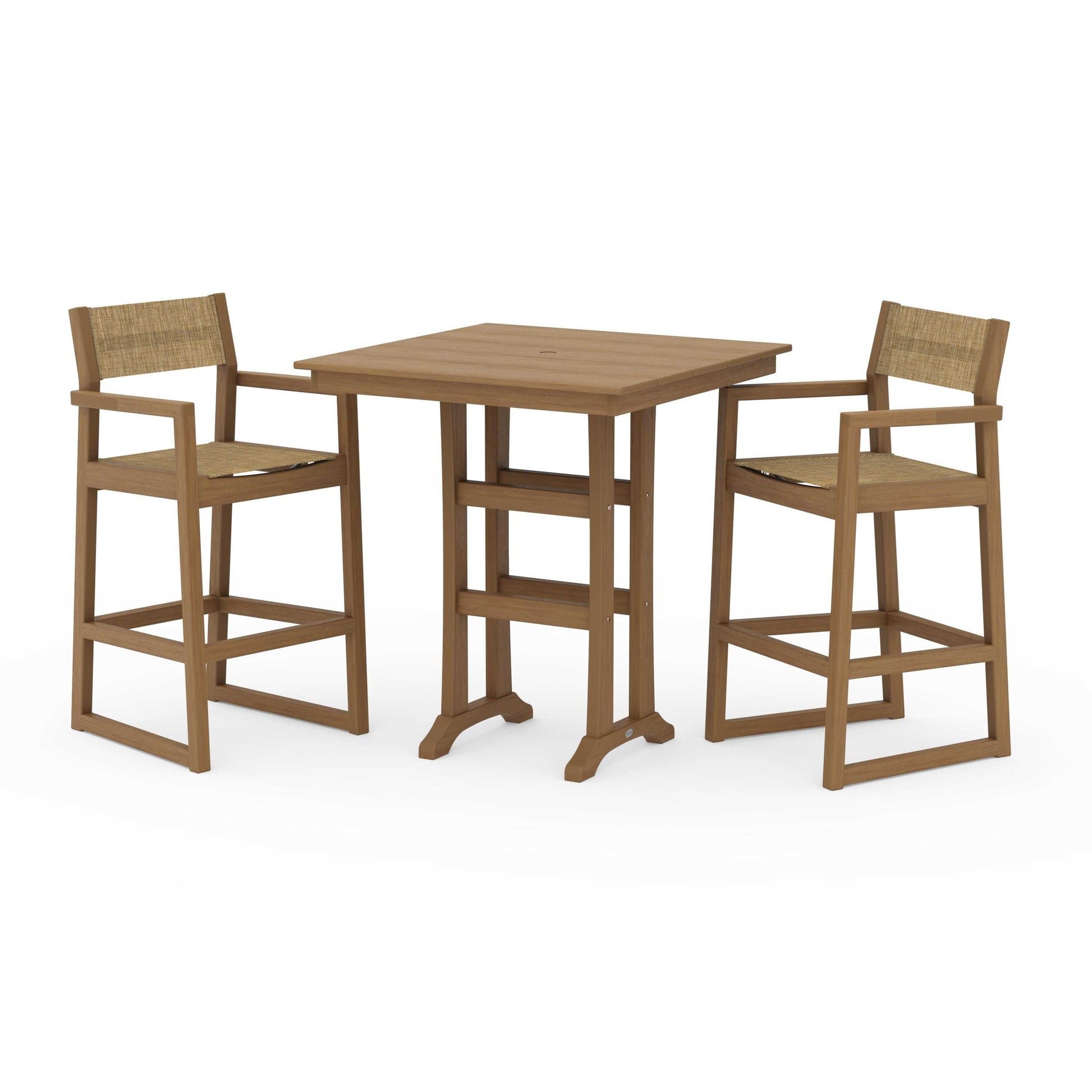 POLYWOOD EDGE Sling Arm Chair 3-Piece Farmhouse Bar Set with Trestle Legs — Natural / Burlap Sling