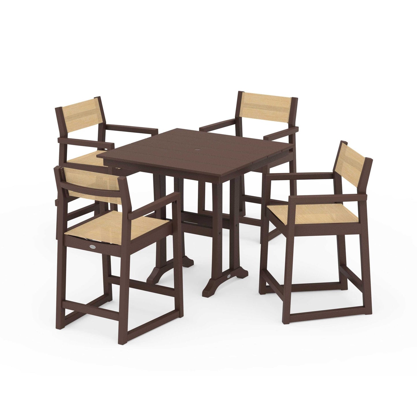 POLYWOOD EDGE Sling Arm Chair 5-Piece Farmhouse Counter Set with Trestle Legs — Mahogany / Dupioni Apricot Sling