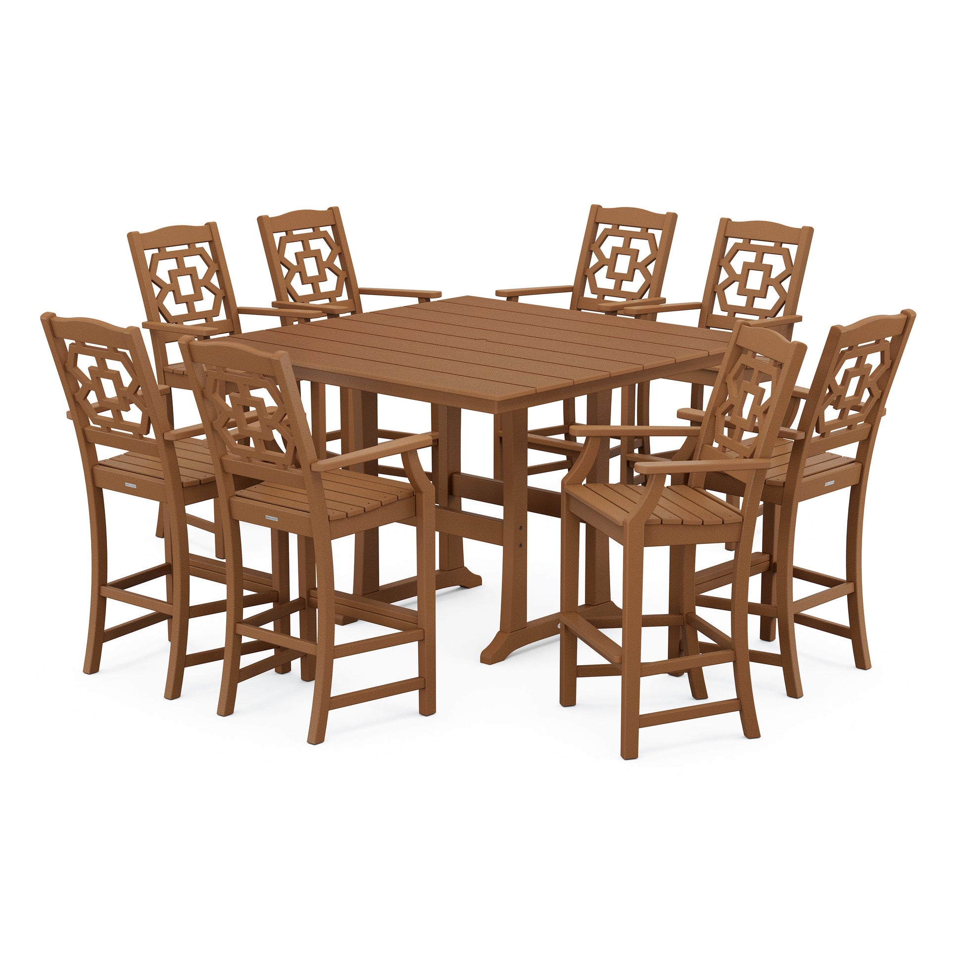 POLYWOOD Chinoiserie 9-Piece Square Farmhouse Bar Set with Trestle Legs — Teak