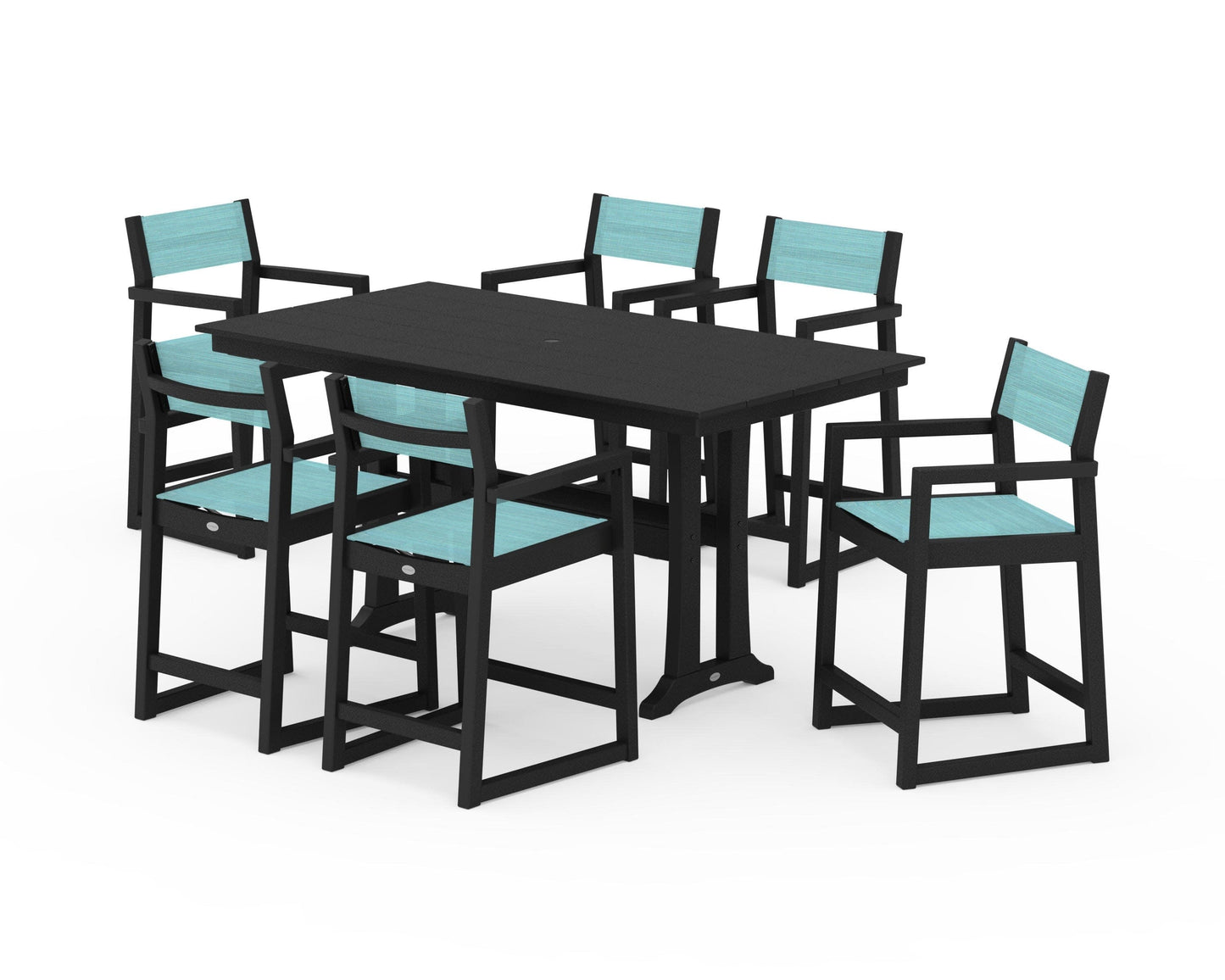 POLYWOOD EDGE Sling Arm Chair 7-Piece Farmhouse Counter Set with Trestle Legs — Black / Dupioni Aquamarine Sling