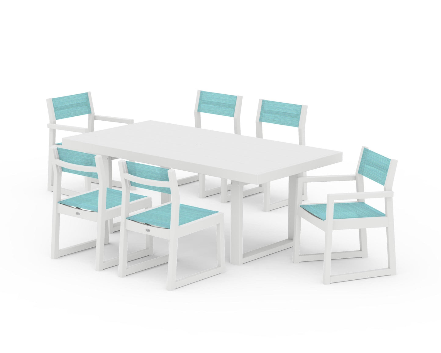 POLYWOOD EDGE Sling 7-Piece Dining Set — White / Dupioni Aquamarine Sling