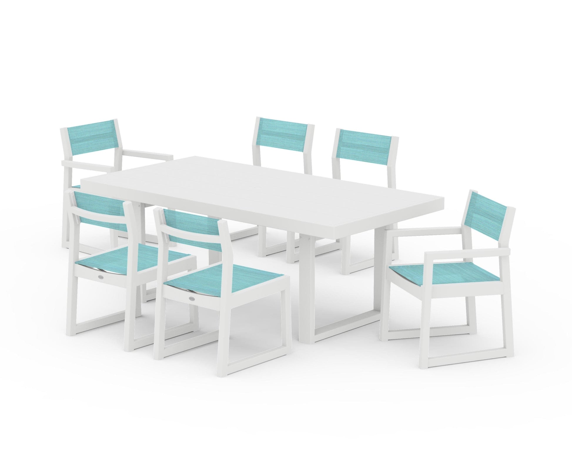 POLYWOOD EDGE Sling 7-Piece Dining Set — White / Dupioni Aquamarine Sling
