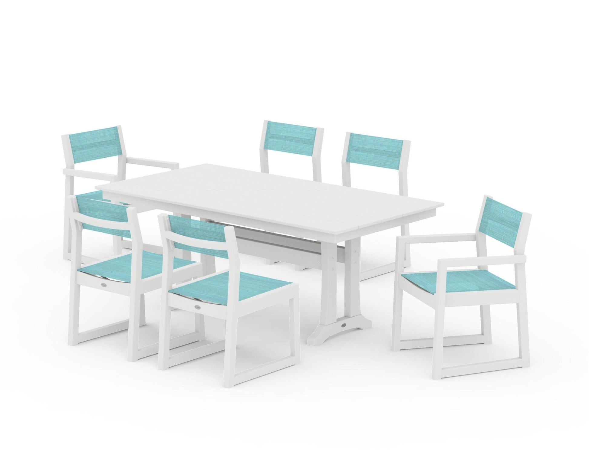 POLYWOOD EDGE Sling 7-Piece Farmhouse Trestle Dining Set — White / Dupioni Aquamarine Sling