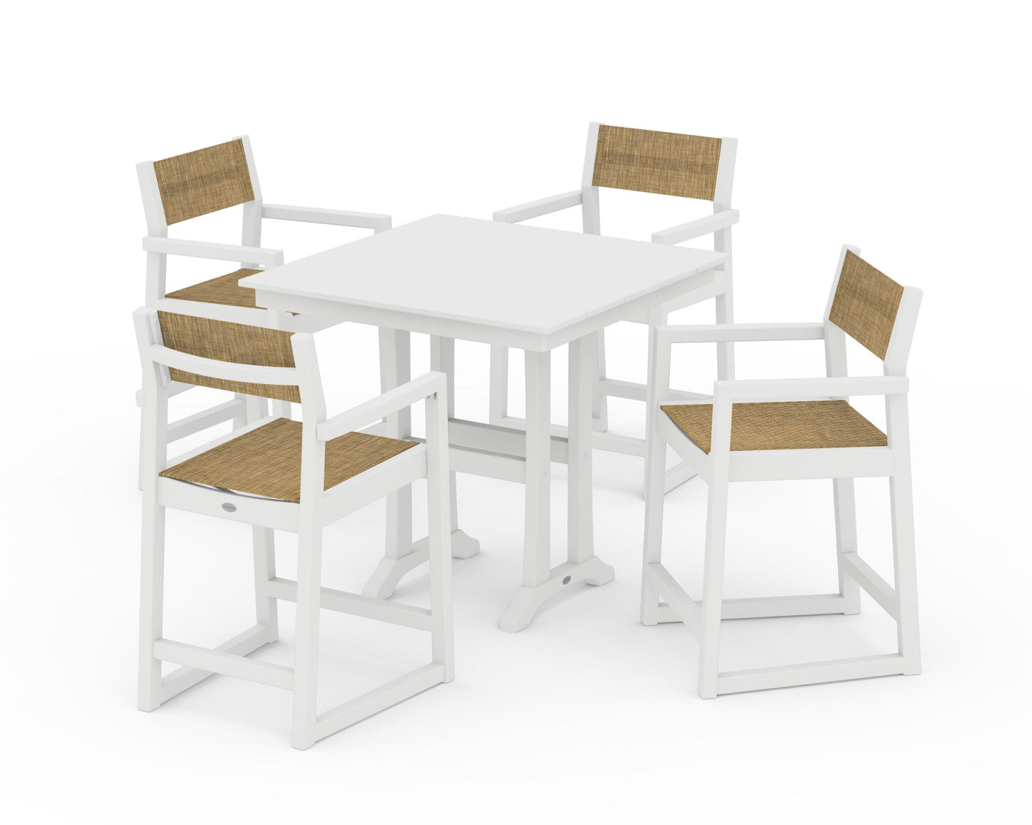POLYWOOD EDGE Sling Arm Chair 5-Piece Farmhouse Counter Set with Trestle Legs — White / Burlap Sling