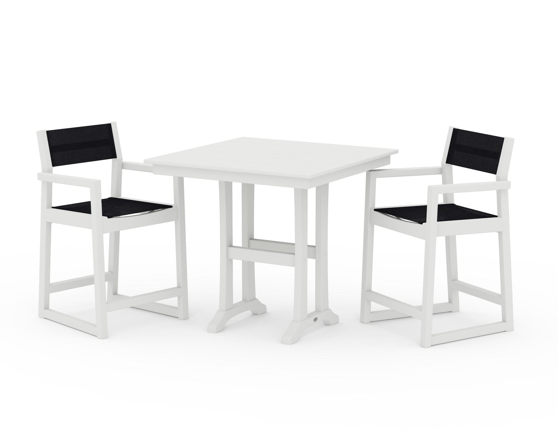 POLYWOOD EDGE Sling Arm Chair 3-Piece Farmhouse Counter Set with Trestle Legs — Vintage White / Black Sling