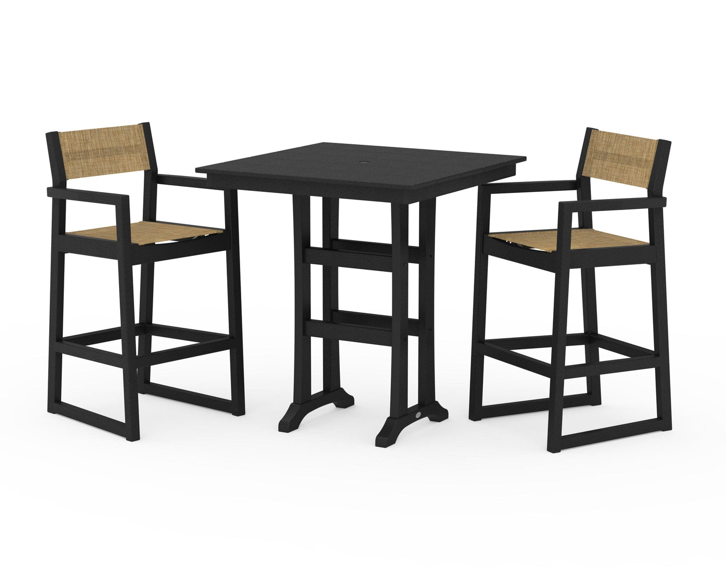 POLYWOOD EDGE Sling Arm Chair 3-Piece Farmhouse Bar Set with Trestle Legs — Black / Burlap Sling