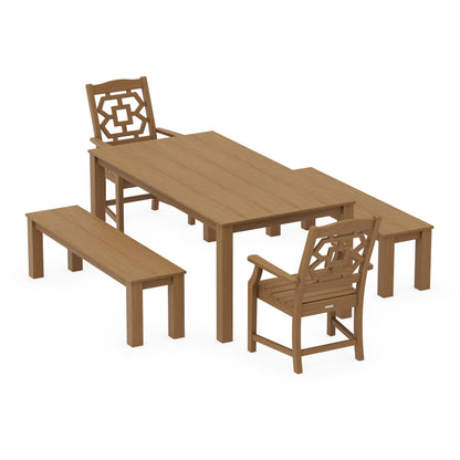 POLYWOOD Chinoiserie 5-Piece Parsons Dining Set with Benches — Natural