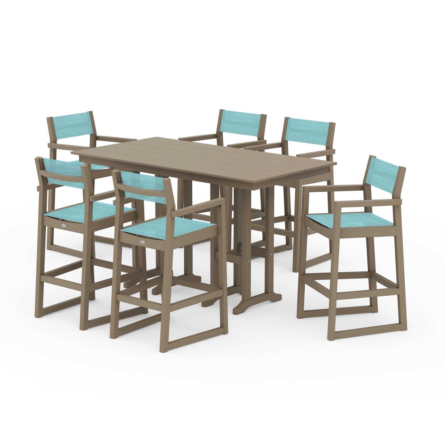 POLYWOOD EDGE Sling Arm Chair 7-Piece Farmhouse Bar Set — Vintage Sahara / Dupioni Aquamarine Sling