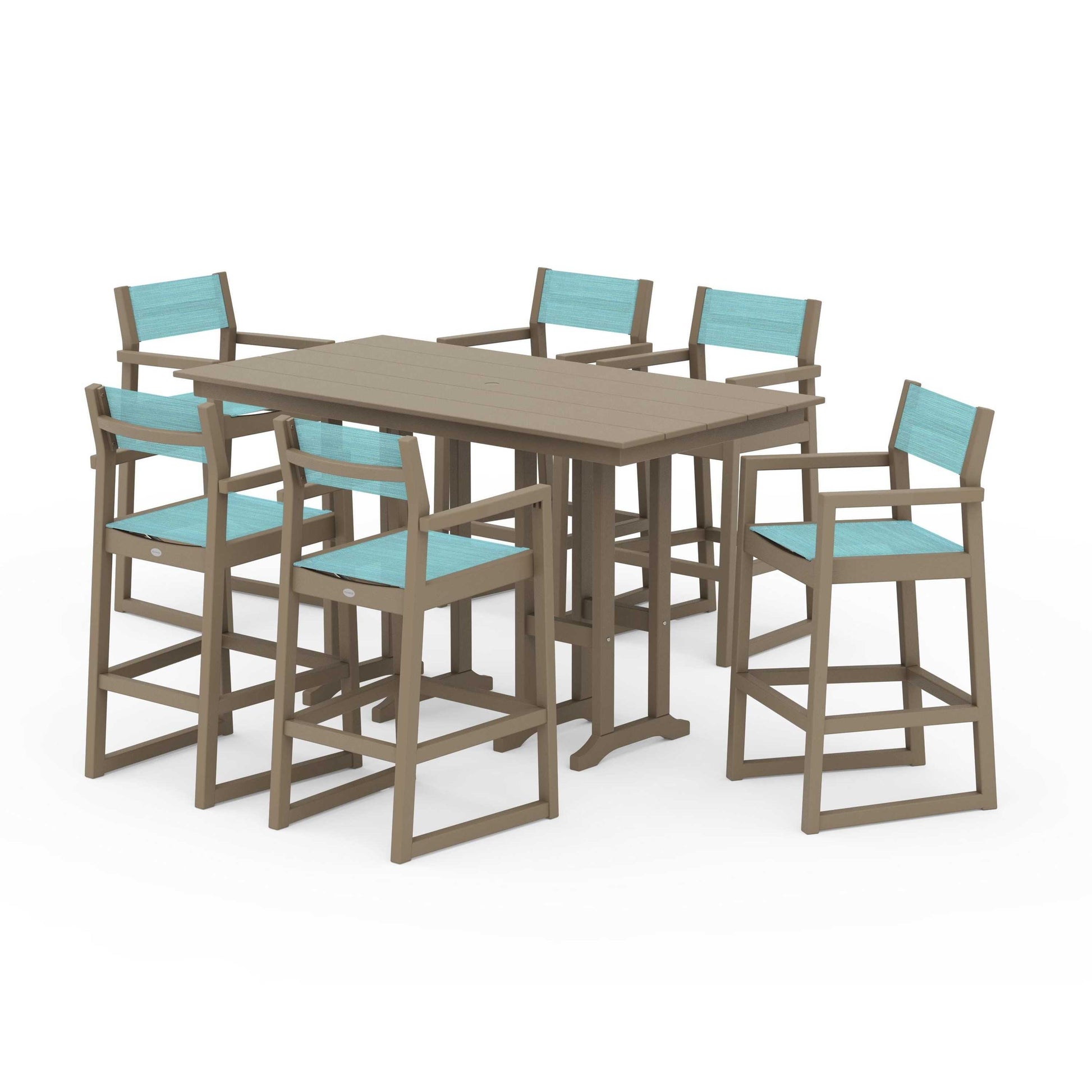 POLYWOOD EDGE Sling Arm Chair 7-Piece Farmhouse Bar Set — Vintage Sahara / Dupioni Aquamarine Sling