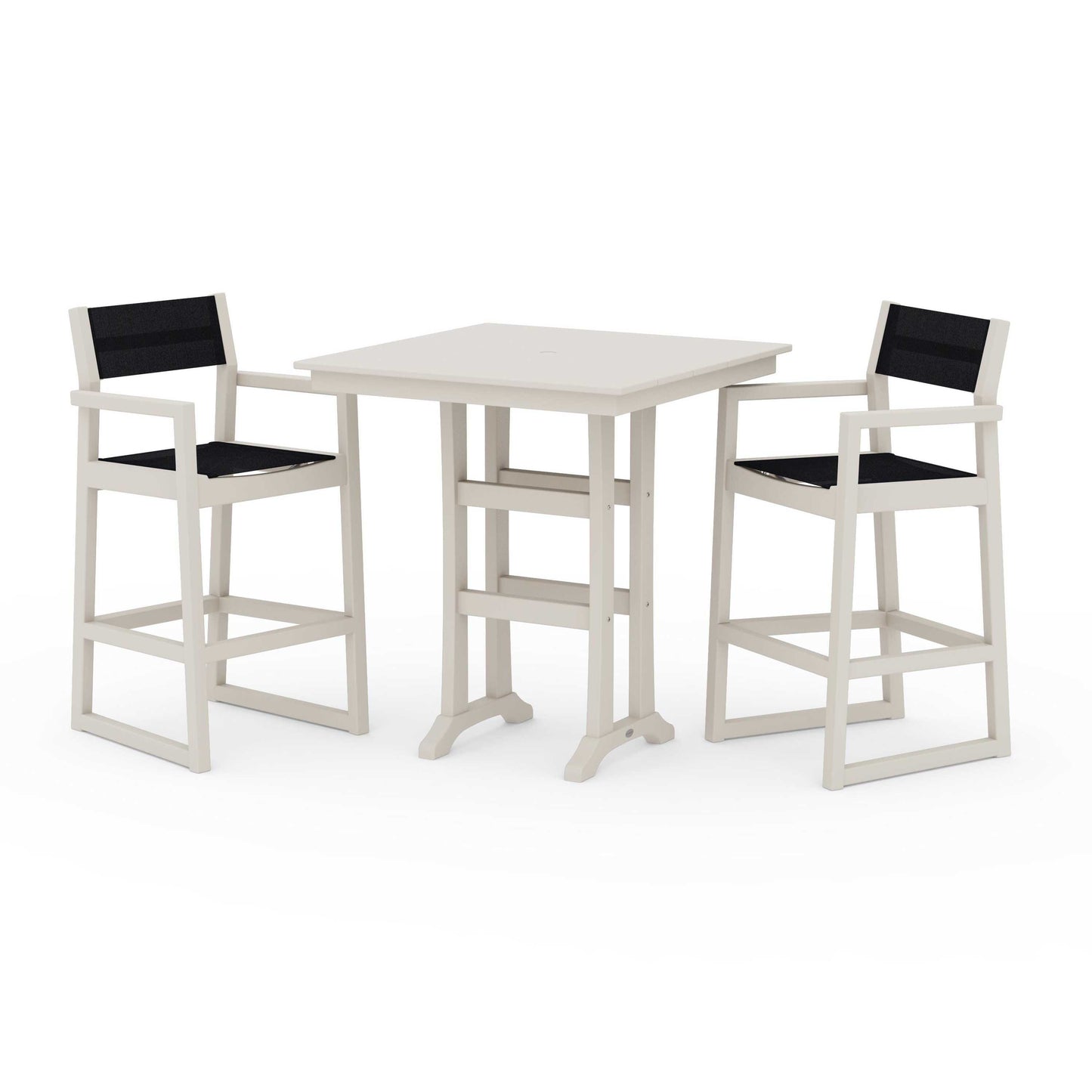 POLYWOOD EDGE Sling Arm Chair 3-Piece Farmhouse Bar Set with Trestle Legs — Sand / Black Sling