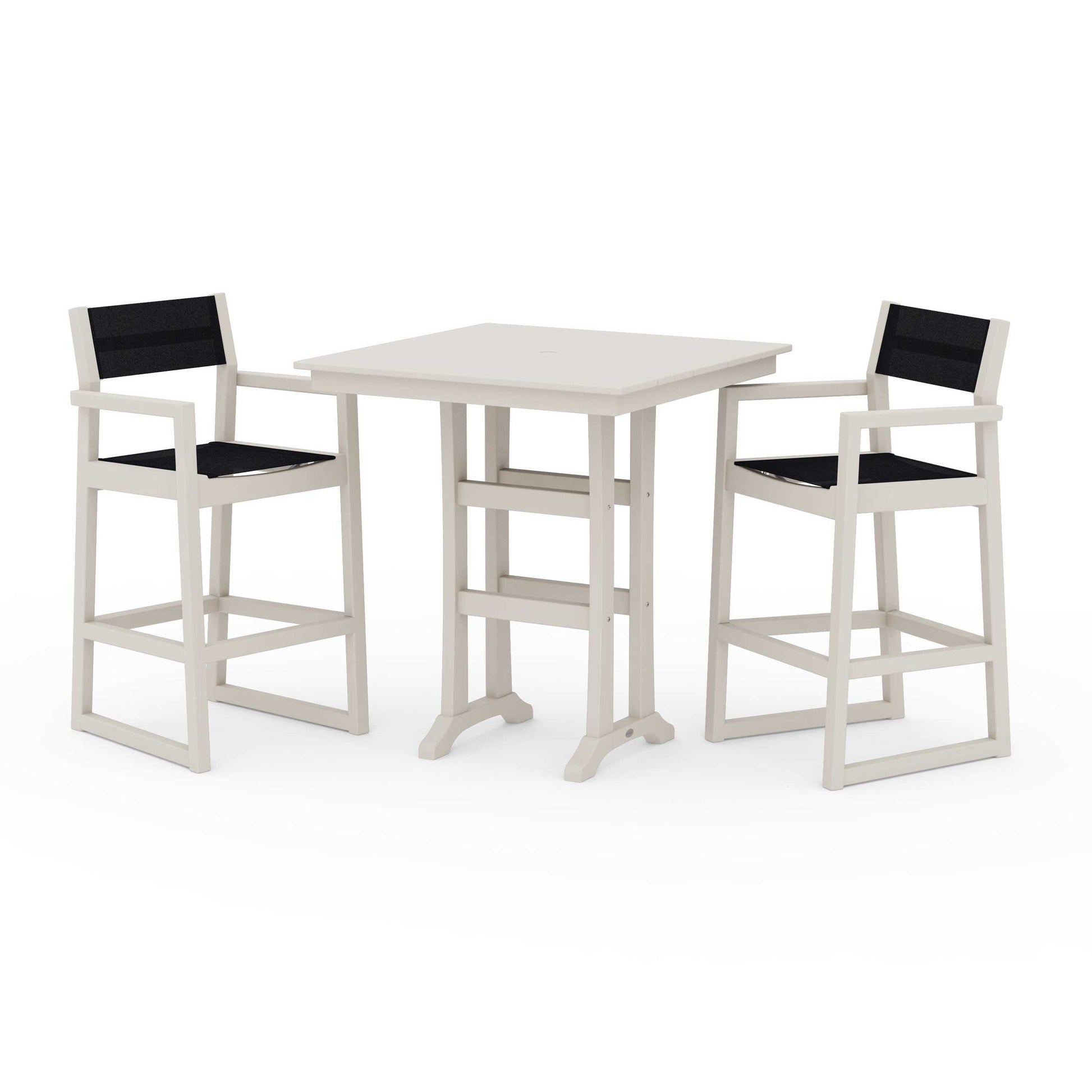 POLYWOOD EDGE Sling Arm Chair 3-Piece Farmhouse Bar Set with Trestle Legs — Sand / Black Sling